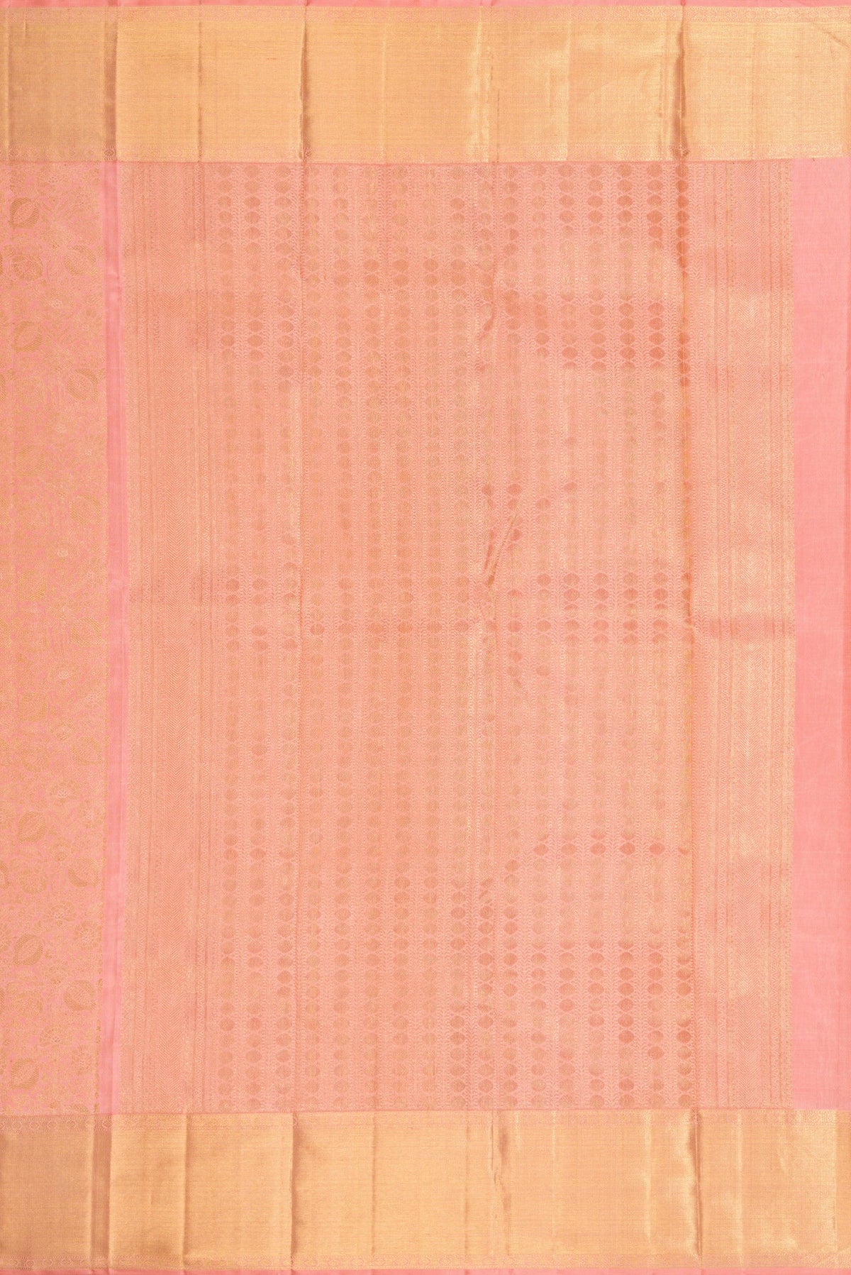 Close up image of the pallu of Pure Silk Pure Zari Pink Dual Tone Kanjivaram Saree with Zari Brocade on the body and Zari Border. 