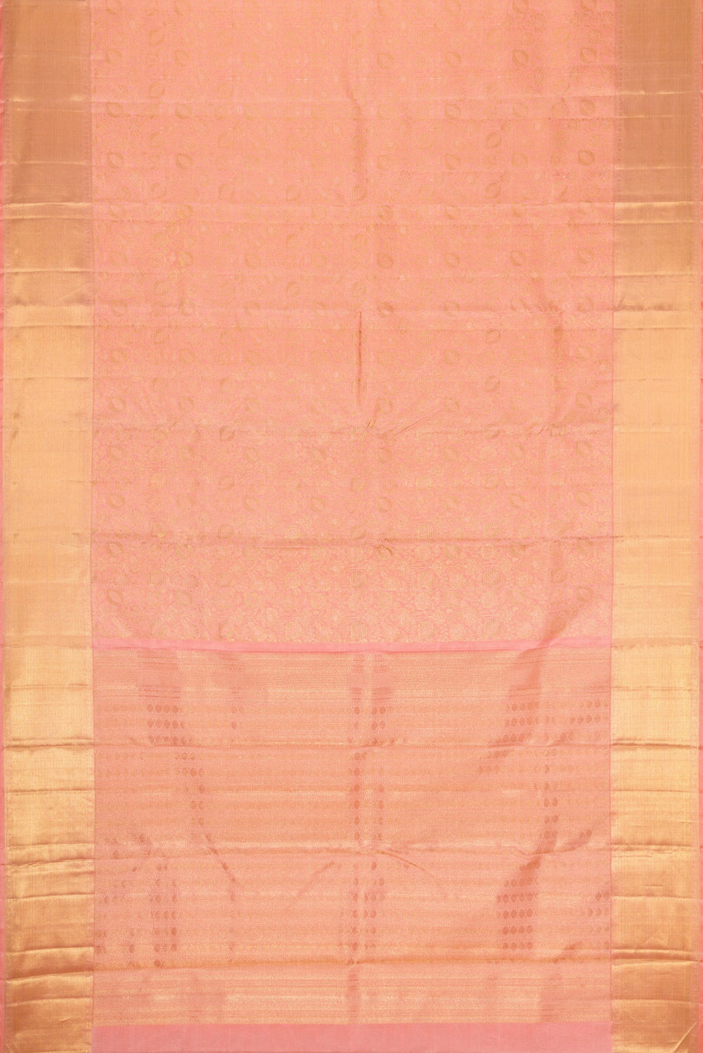 Flat view of Pure Silk Pure Zari Pink Dual Tone Kanjivaram Saree with Zari Brocade on the body and Zari Border. 