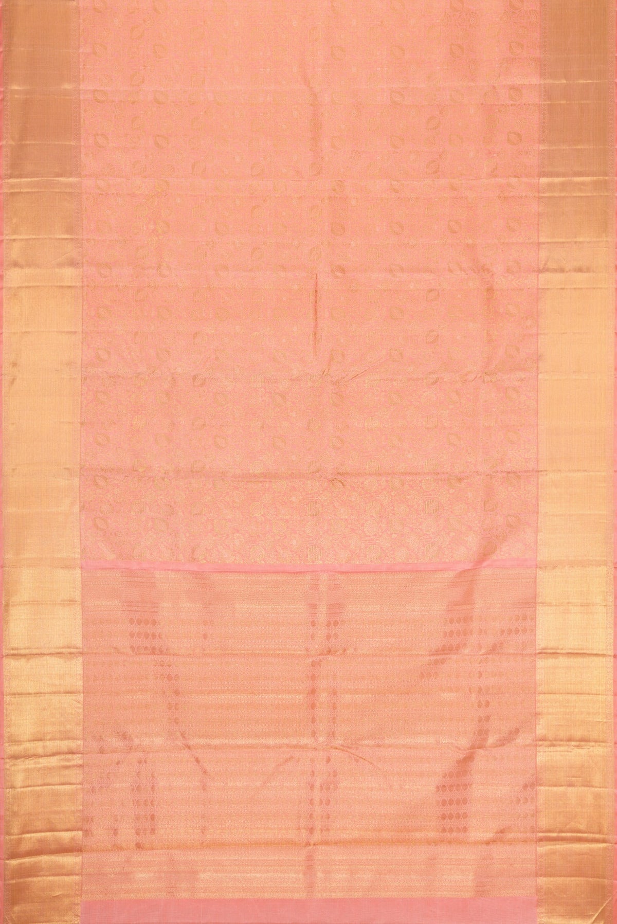 Flat view of Pure Silk Pure Zari Pink Dual Tone Kanjivaram Saree with Zari Brocade on the body and Zari Border. 