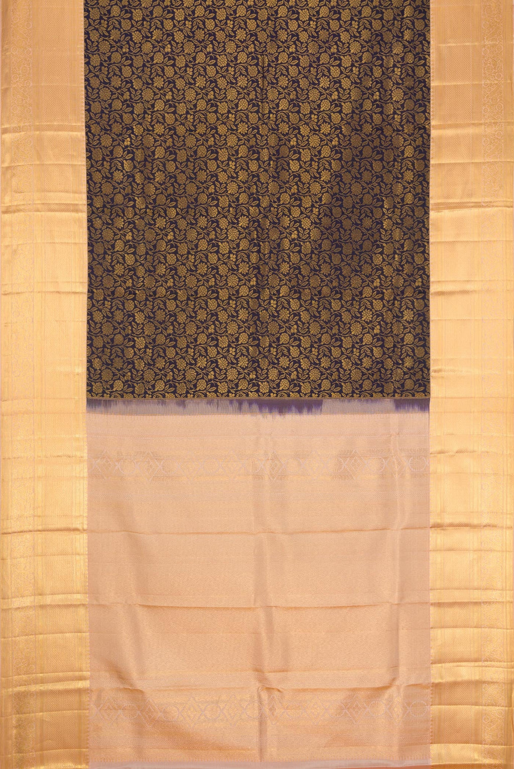 Flat view of Navy Blue Dual Tone Kanchipuram Silk Saree with Zari Brocade on the body and Zari Border. 