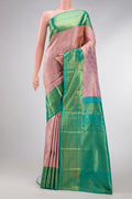 Rose Gold Dual Tone Kanchipuram Silk Saree with Zari Brocade on the body and Zari Border.  displayed on a mannequin