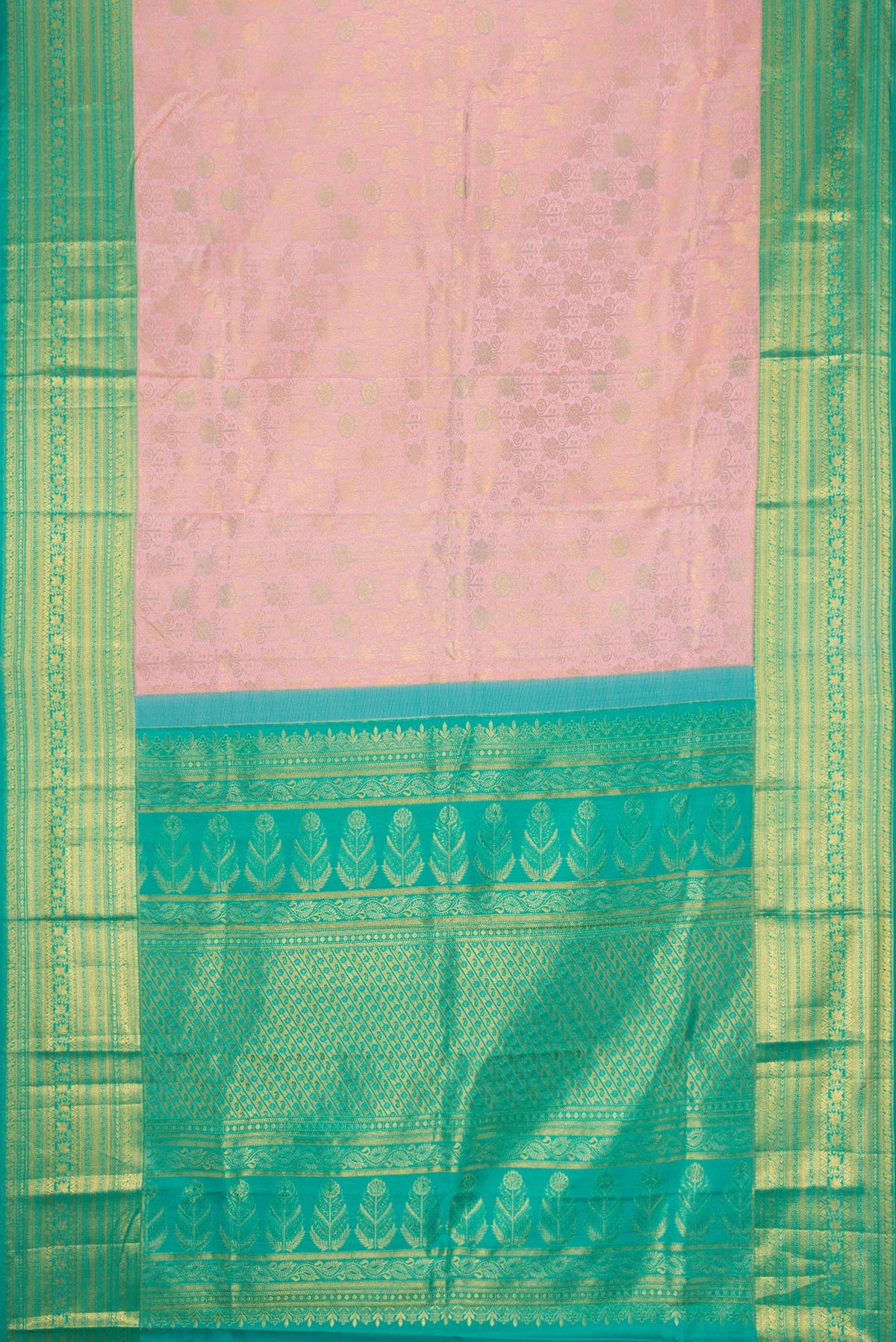 Flat view of Rose Gold Dual Tone Kanchipuram Silk Saree with Zari Brocade on the body and Zari Border. 