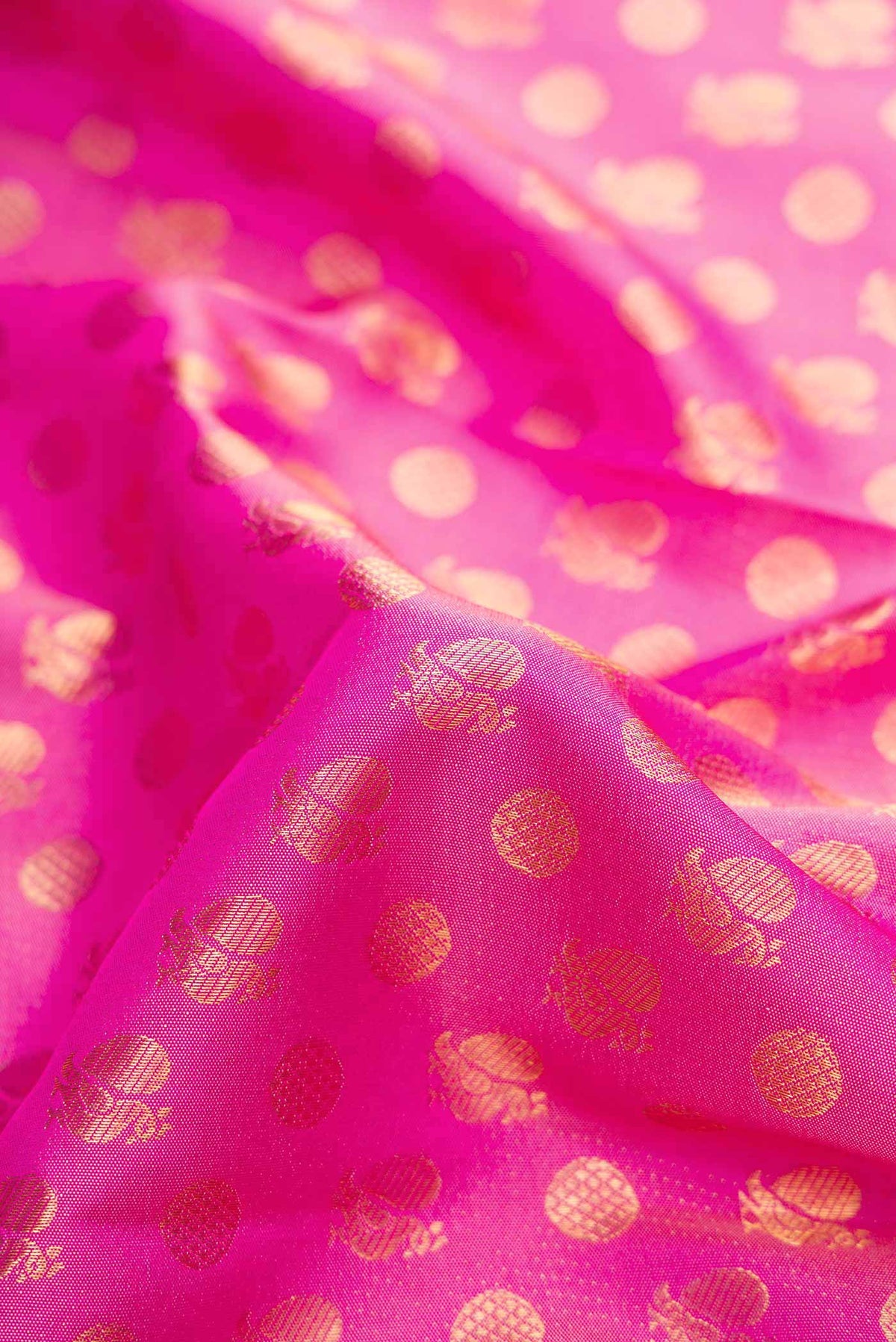 Close up of Pink Dual Tone Kanjivaram Silk Saree with Zari Brocade on the body and Fancy Border.  displaying folds