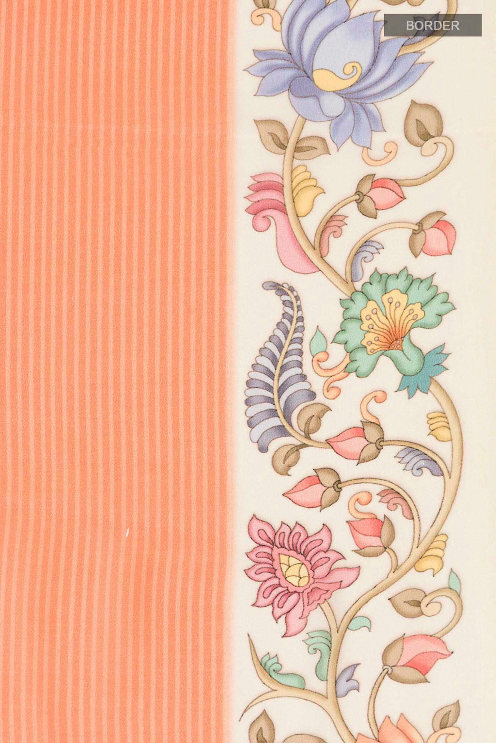 Border image of Orange Mysore Crepe Saree with Stripes on the body and Printed Border