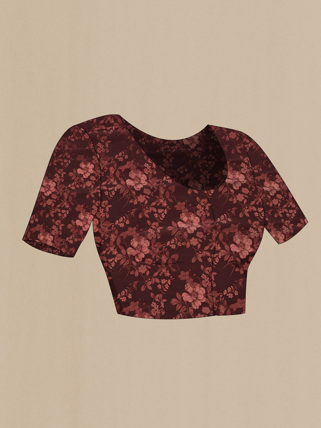 Close up image of the blouse of Maroon Dual Tone Mysore Crepe Saree with Printed design on the body and Without Border. 