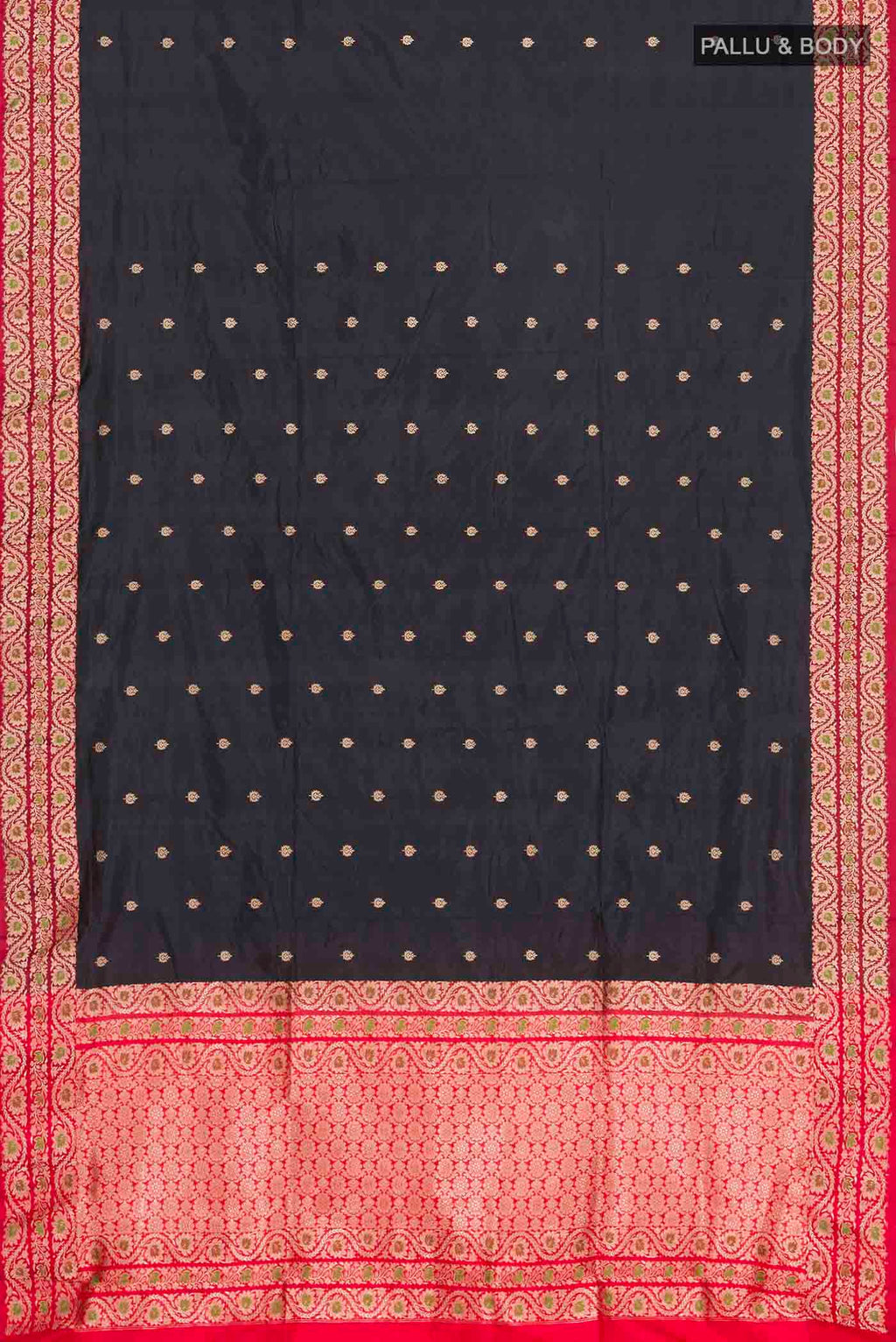 Flat view of Black Banarasi Katan Silk Saree with Zari Butta on the body and Zari Border