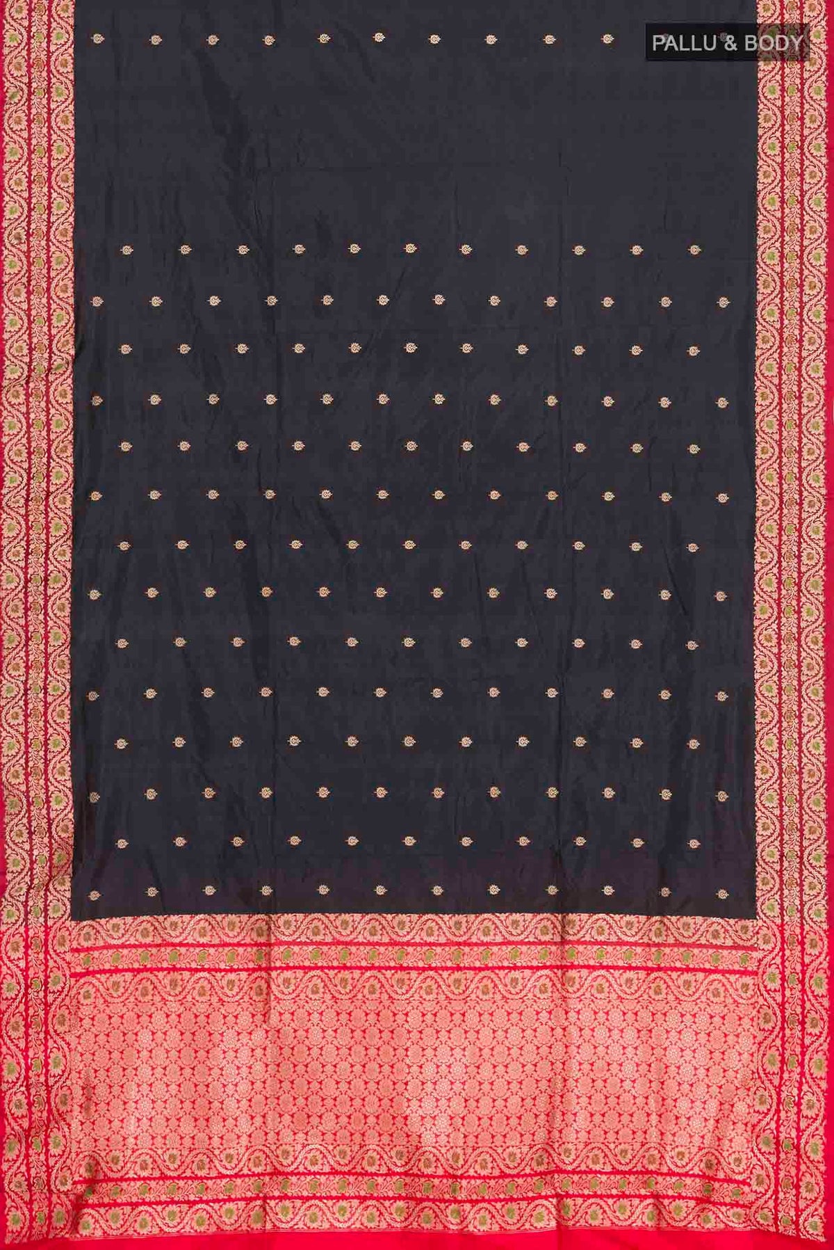 Flat view of Black Banarasi Katan Silk Saree with Zari Butta on the body and Zari Border