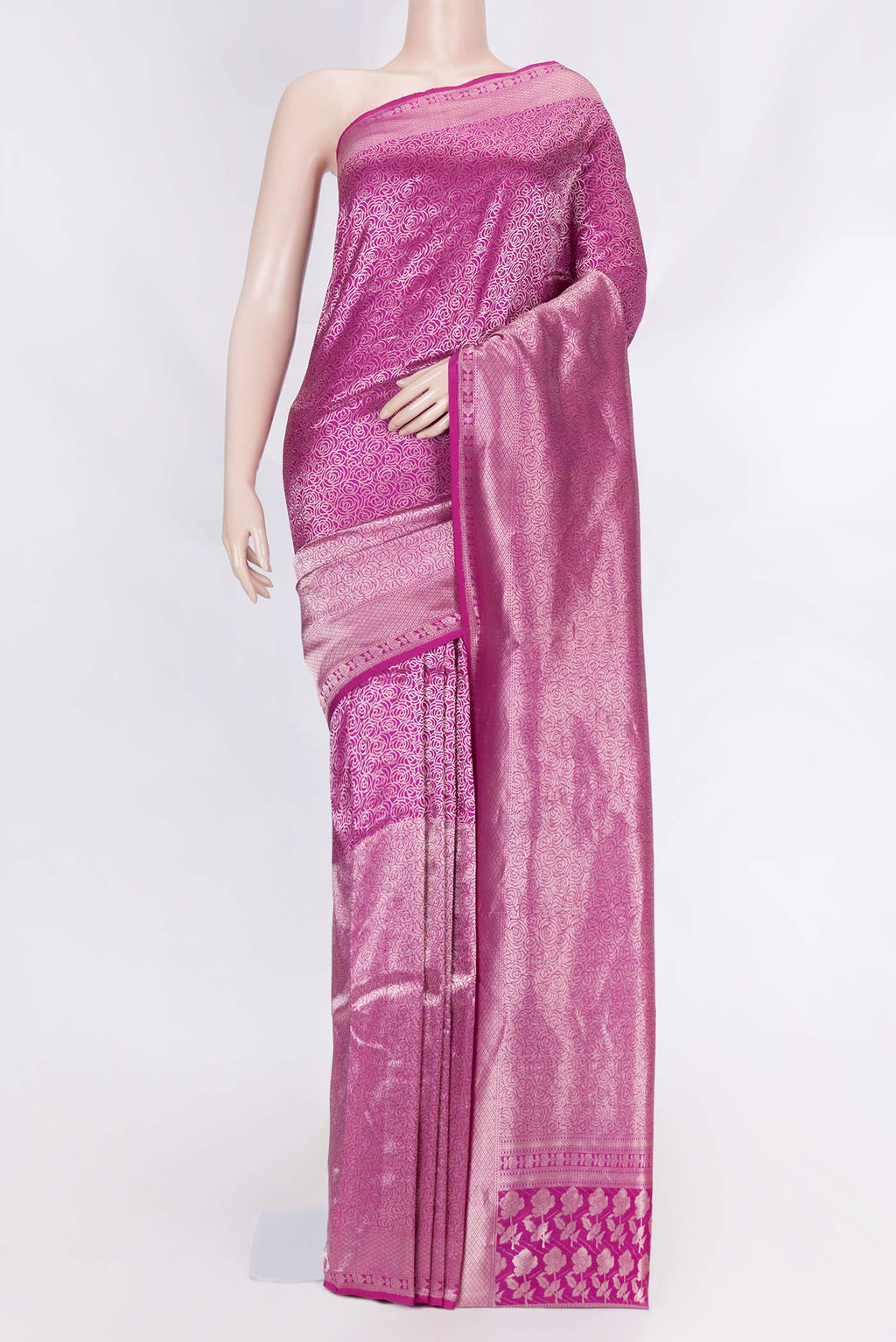 Pink Dual Tone Banarasi Silk Saree with Zari Brocade on the body and Zari Border displayed on a mannequin
