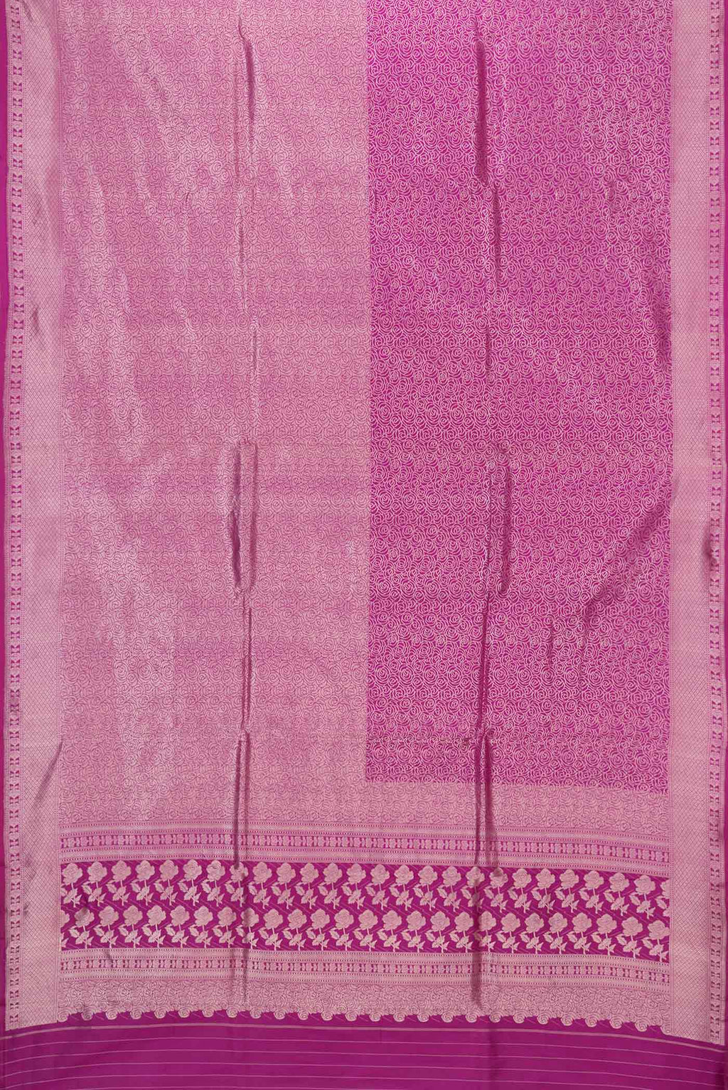 Flat view of Pink Dual Tone Banarasi Silk Saree with Zari Brocade on the body and Zari Border