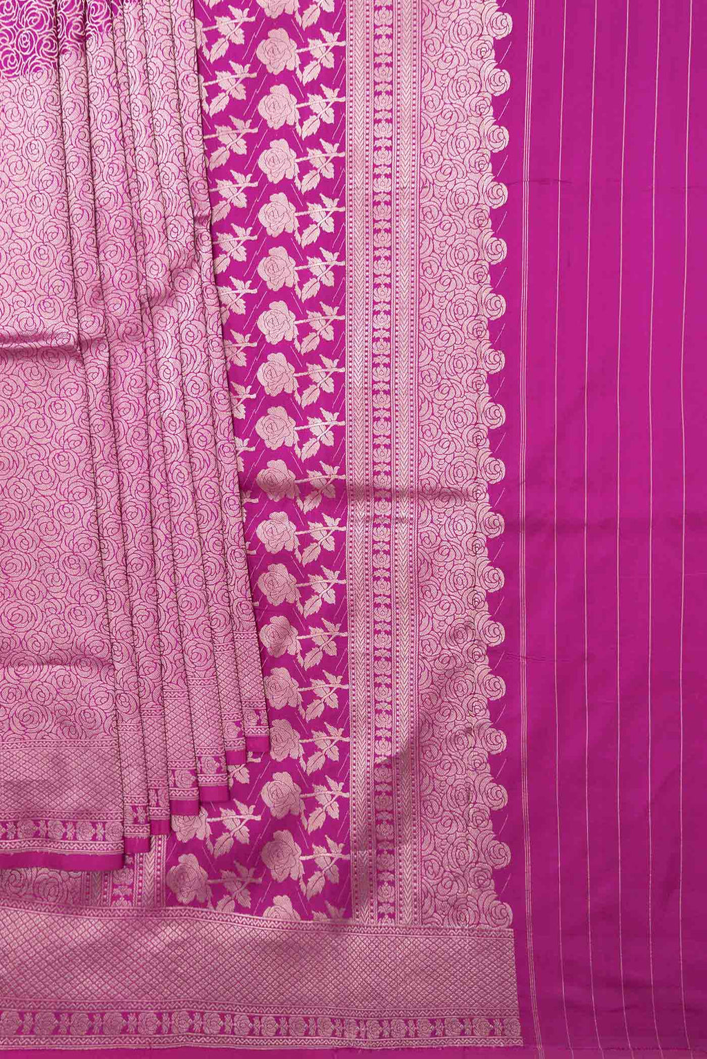 Pleats and pallu of Pink Dual Tone Banarasi Silk Saree with Zari Brocade on the body and Zari Border