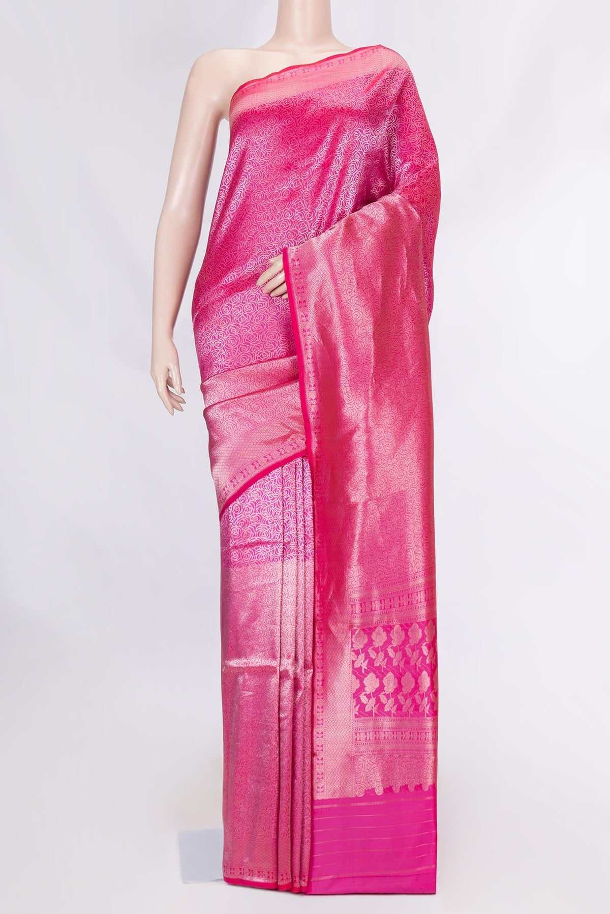 Pink Dual Tone Banarasi Silk Saree with Zari Brocade on the body and Zari Border displayed on a mannequin
