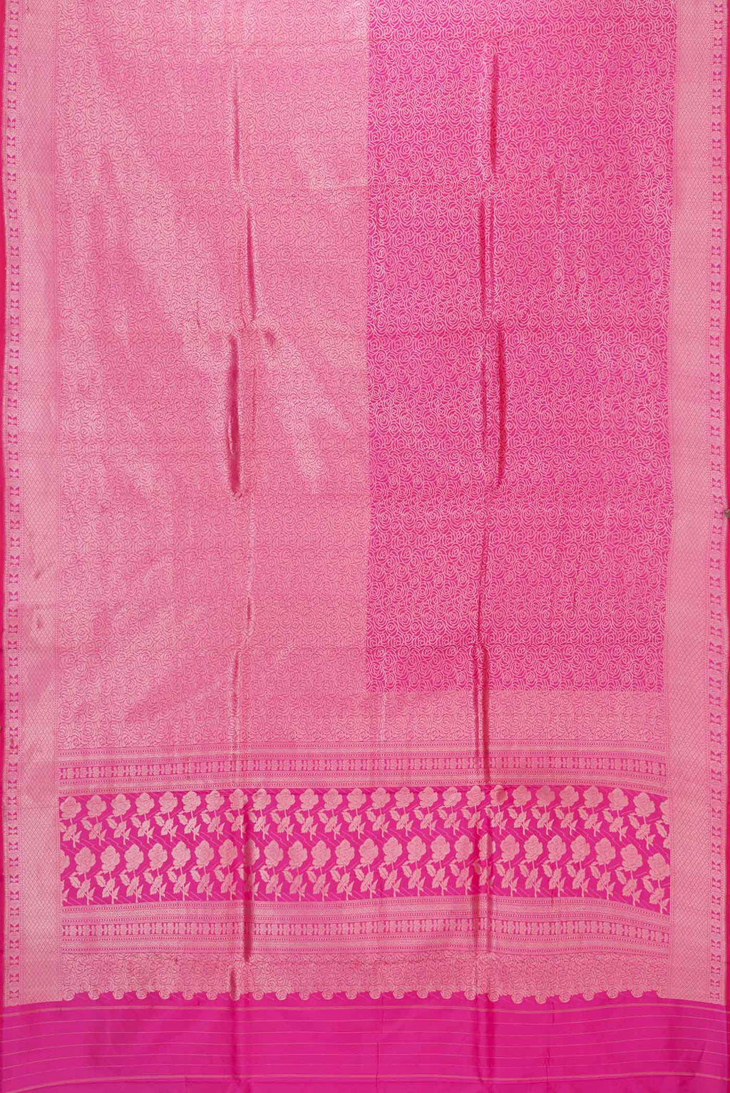 Flat view of Pink Dual Tone Banarasi Silk Saree with Zari Brocade on the body and Zari Border