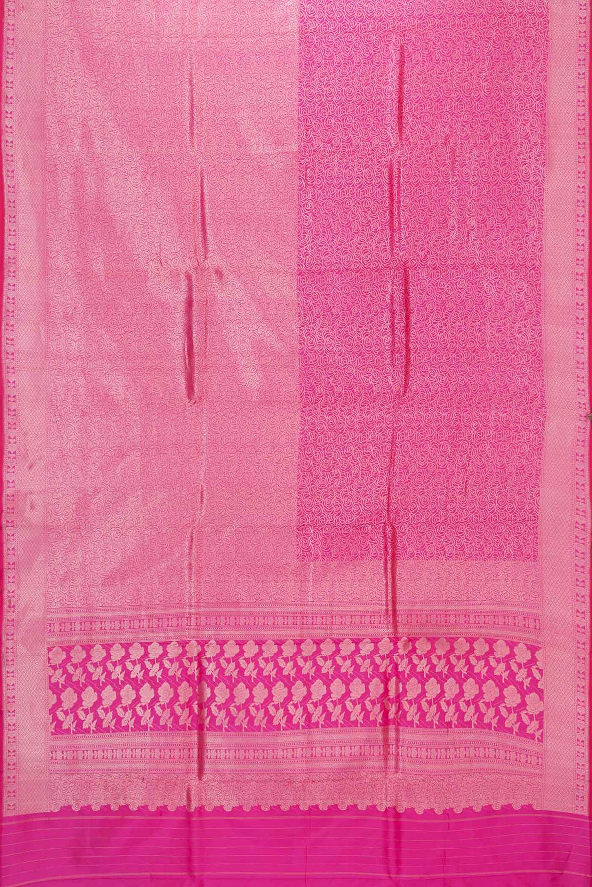 Flat view of Pink Dual Tone Banarasi Silk Saree with Zari Brocade on the body and Zari Border