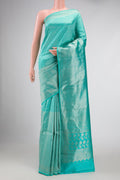 Sky Blue Dual Tone Banarasi Silk Saree with Zari Brocade on the body and Zari Border displayed on a mannequin
