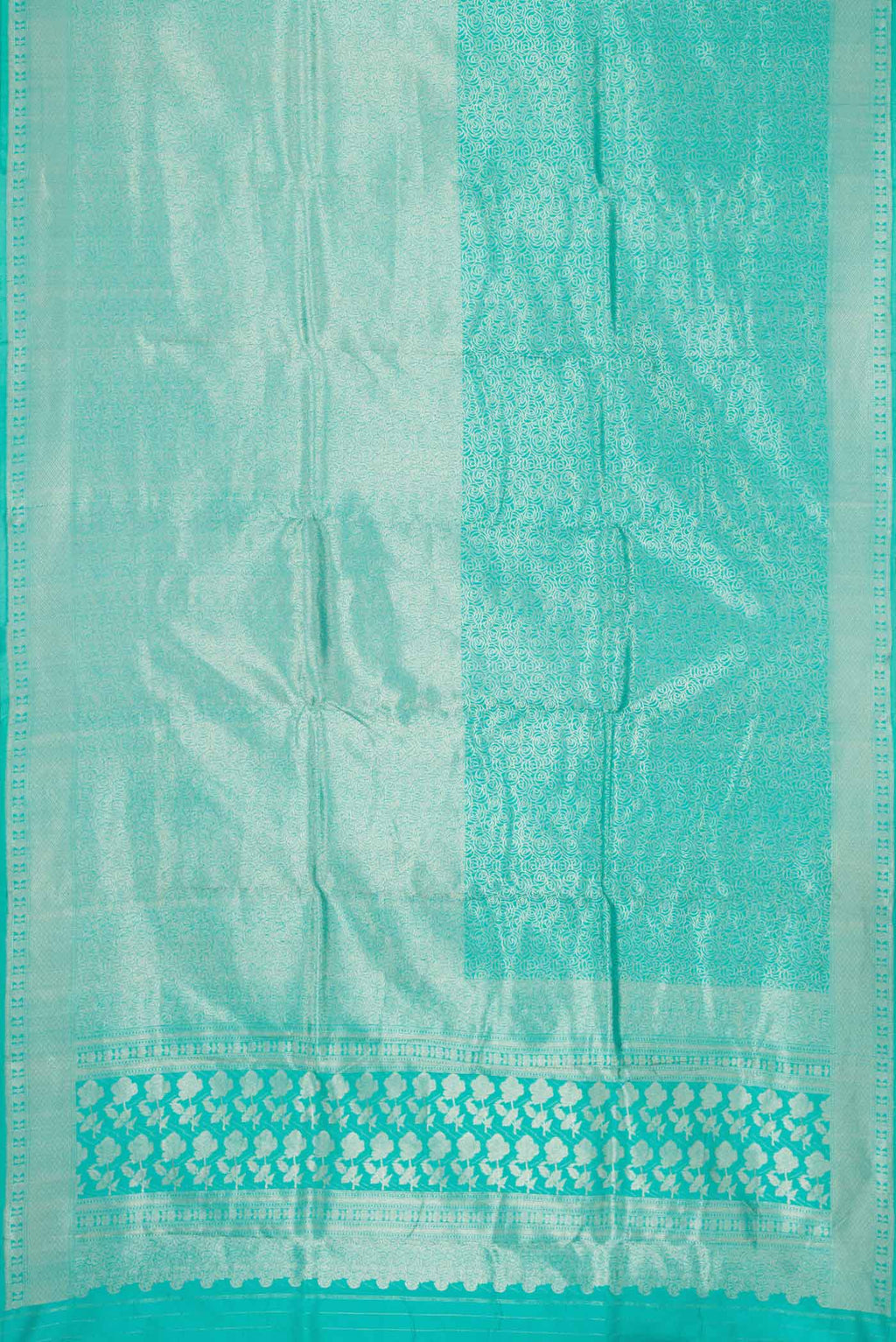 Flat view of Sky Blue Dual Tone Banarasi Silk Saree with Zari Brocade on the body and Zari Border