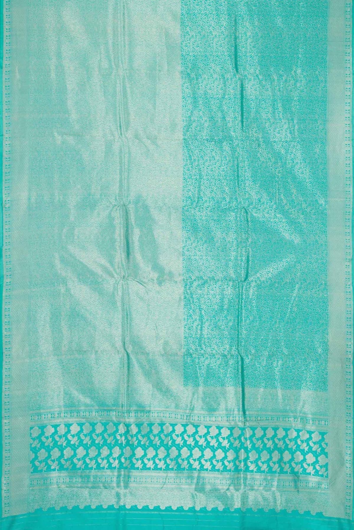 Flat view of Sky Blue Dual Tone Banarasi Silk Saree with Zari Brocade on the body and Zari Border