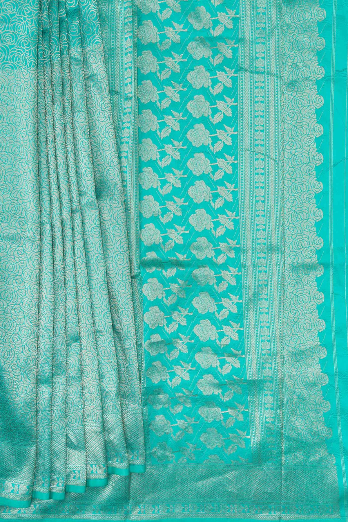 Pleats and pallu of Sky Blue Dual Tone Banarasi Silk Saree with Zari Brocade on the body and Zari Border