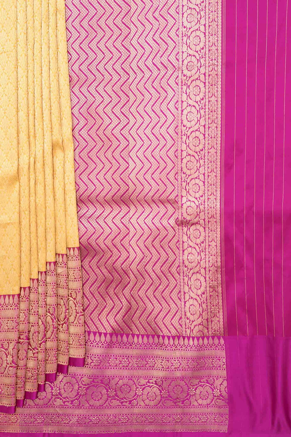 Pleats and pallu of Yellow Dual Tone Banarasi Silk Saree with Zari Brocade on the body and Zari Border