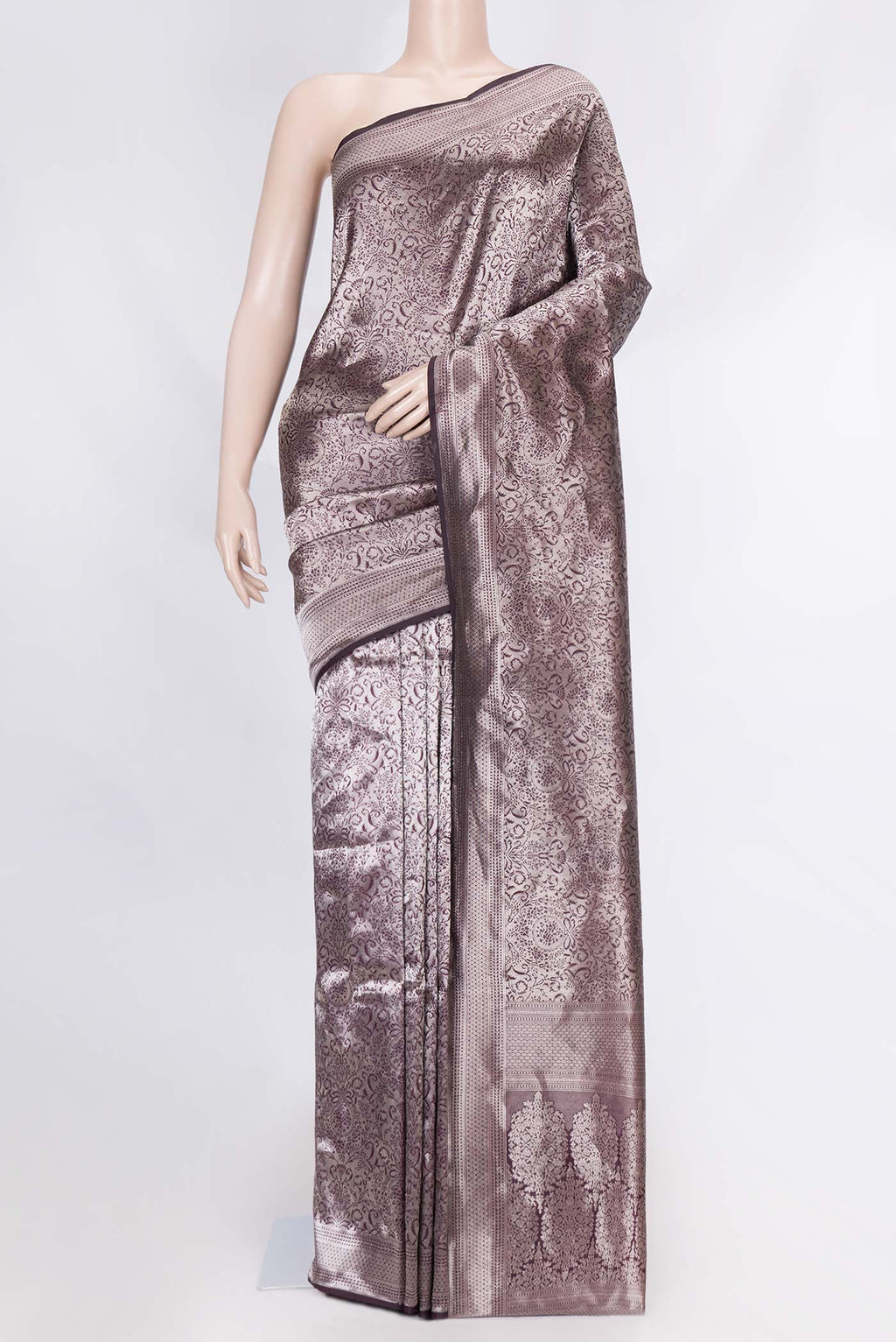 Coffee Brown Dual Tone Banarasi Silk Saree with Zari Brocade on the body and Zari Border displayed on a mannequin