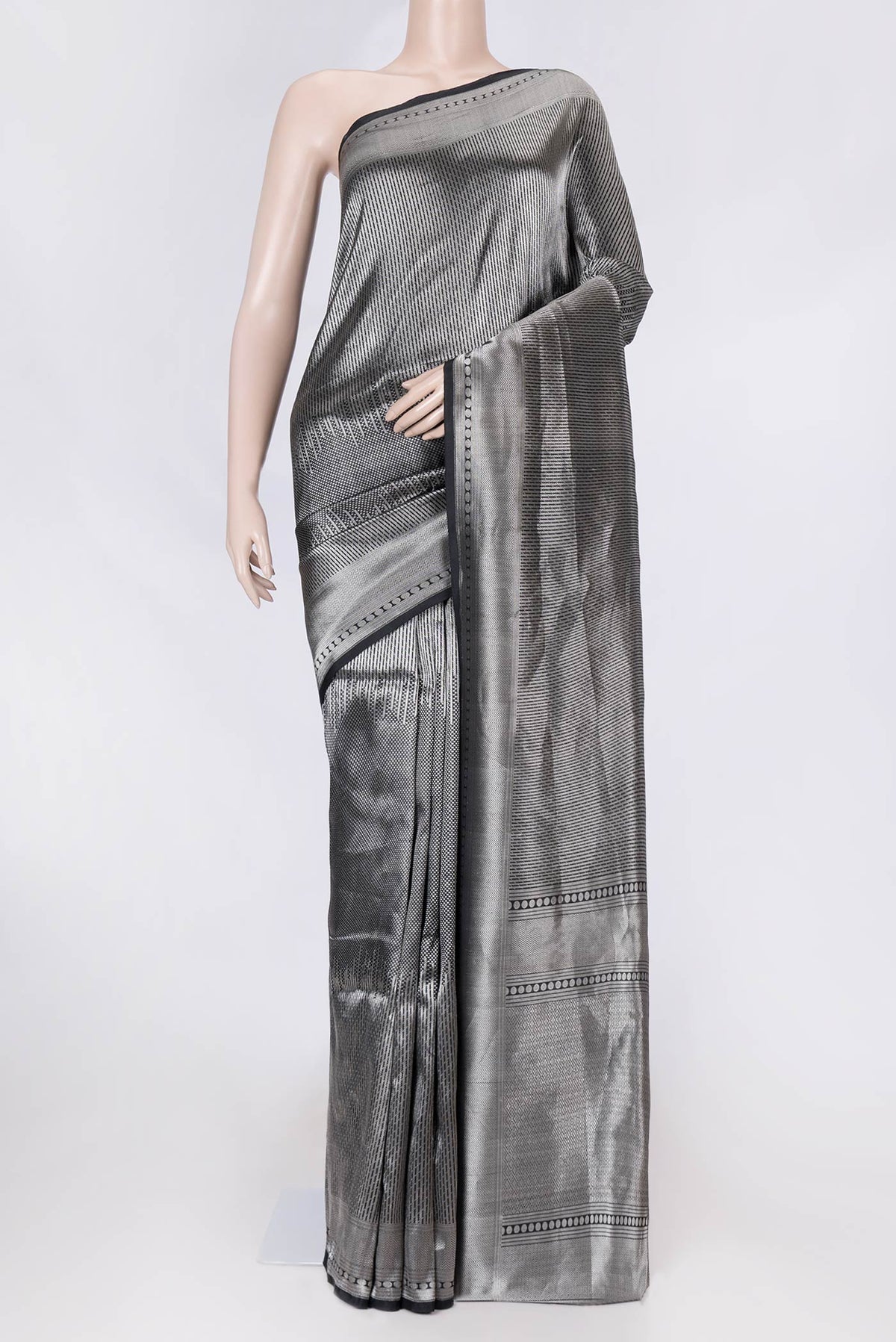 Black Banarasi Silk Saree with Zari Brocade on the body and Zari Border displayed on a mannequin