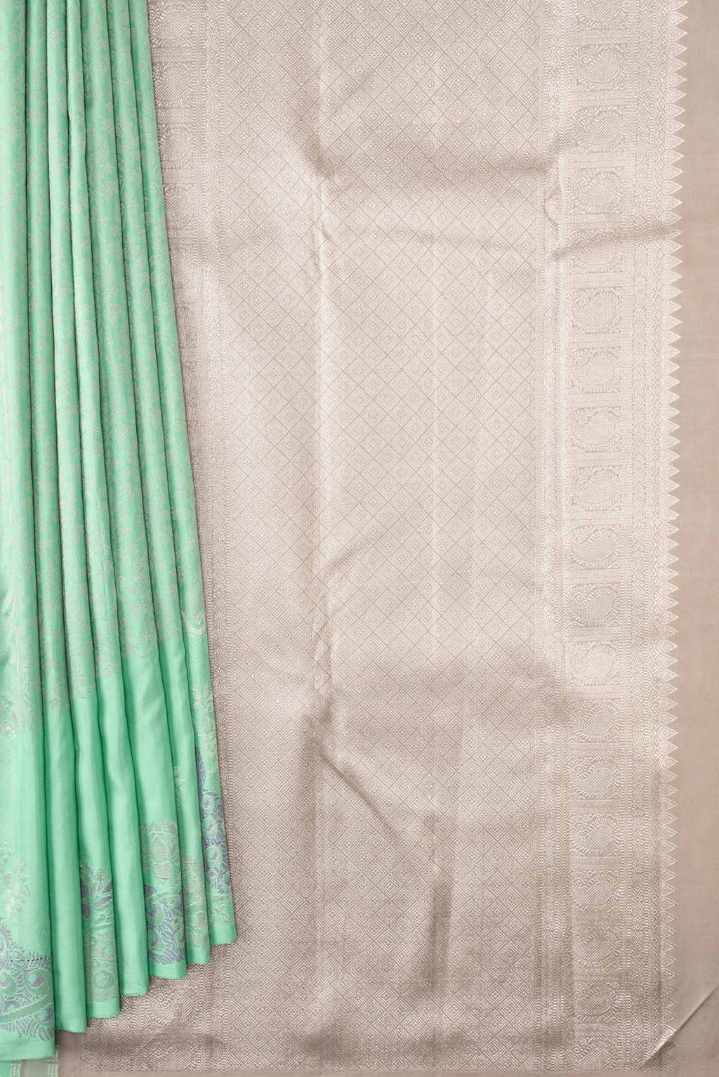 Pleats and pallu of Sea Green Dual Tone Kanchipuram Silk Saree with Jacquard design on the body and Fancy Border
