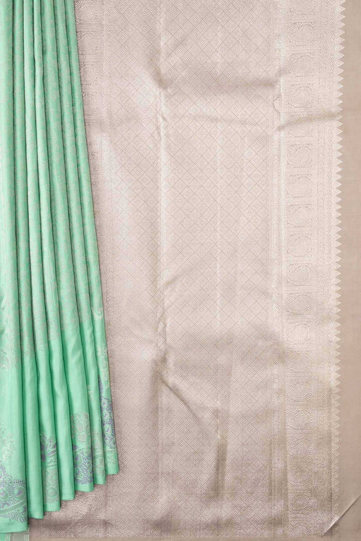 Pleats and pallu of Sea Green Dual Tone Kanchipuram Silk Saree with Jacquard design on the body and Fancy Border