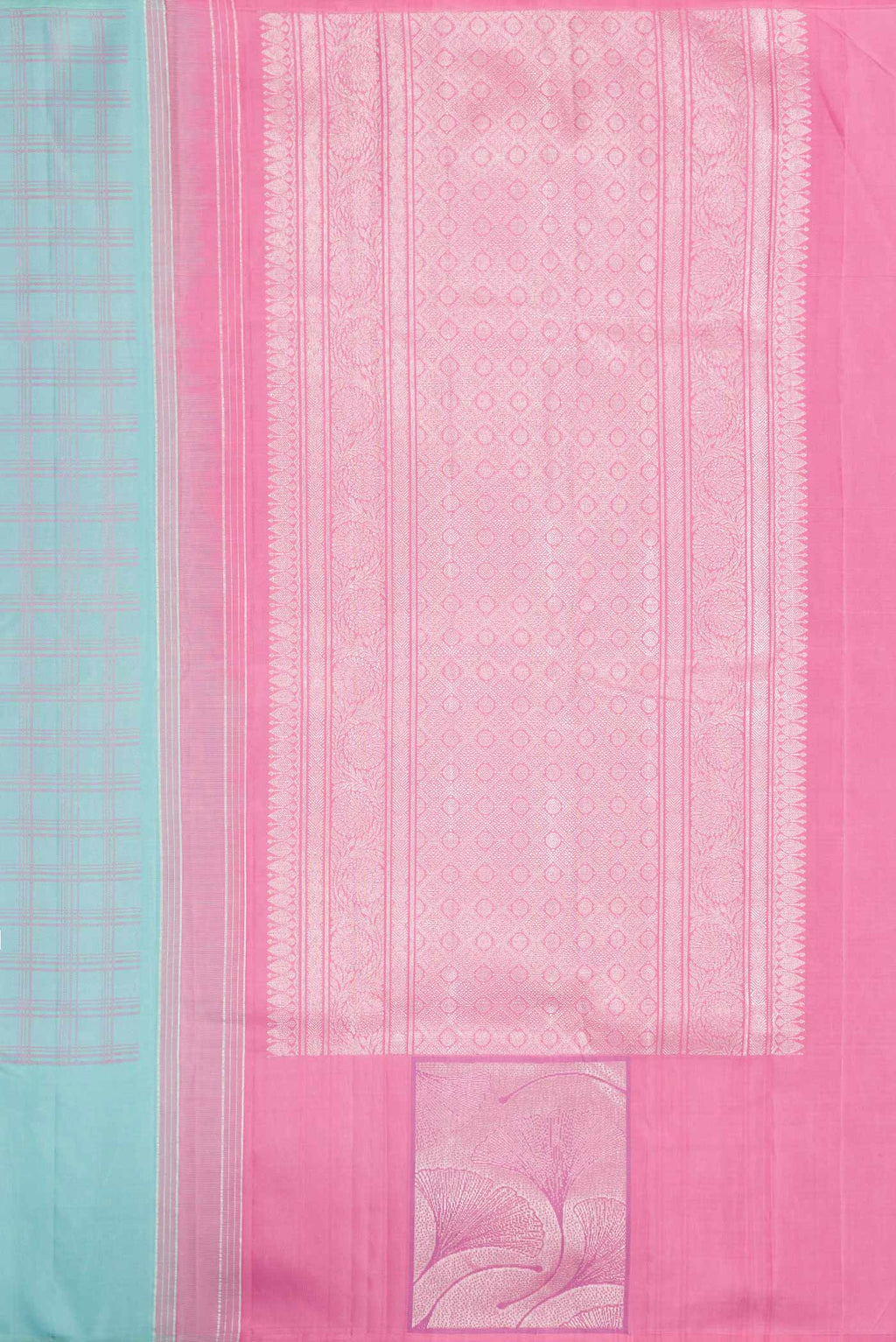Close up image of the pallu of Sky Blue Dual Tone Kanchipuram Silk Saree with Checked design on the body and Fancy Border