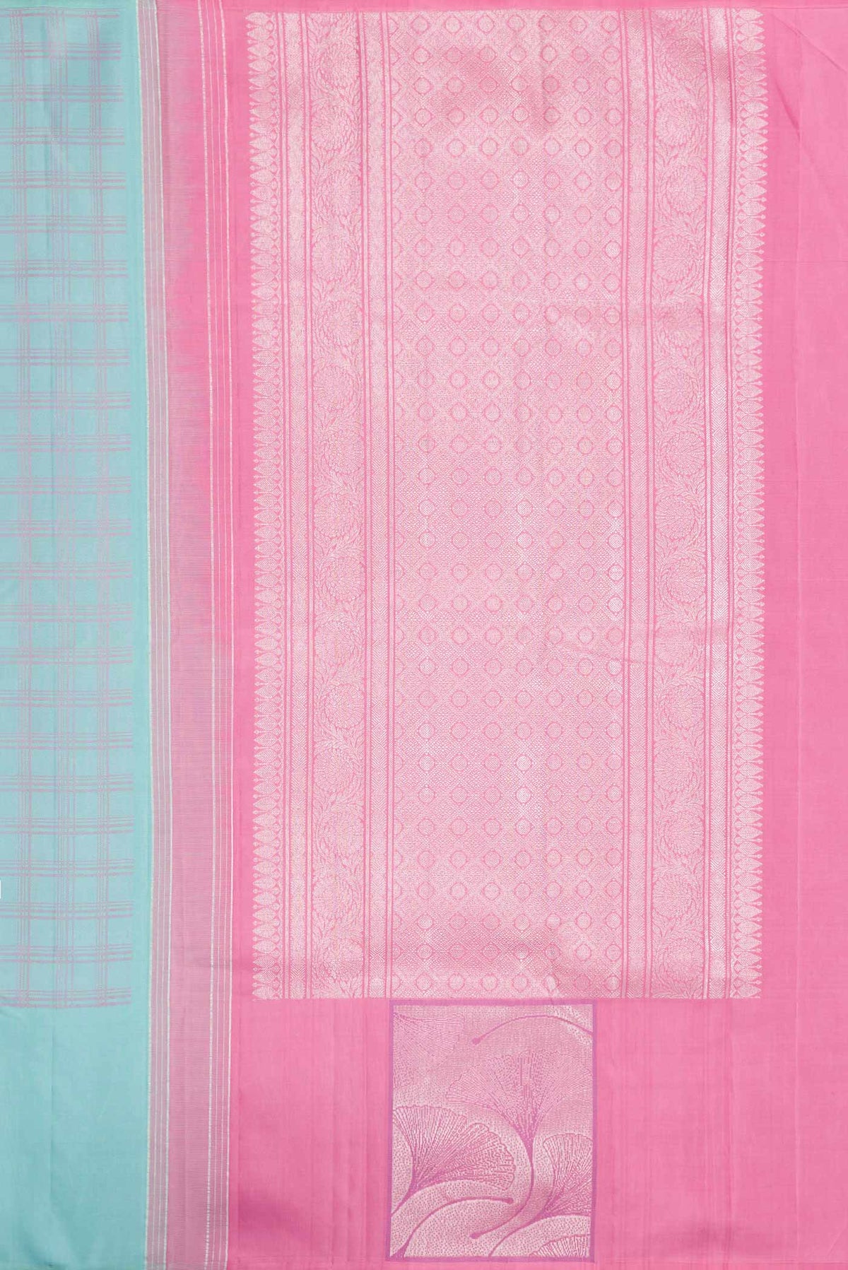 Close up image of the pallu of Sky Blue Dual Tone Kanchipuram Silk Saree with Checked design on the body and Fancy Border