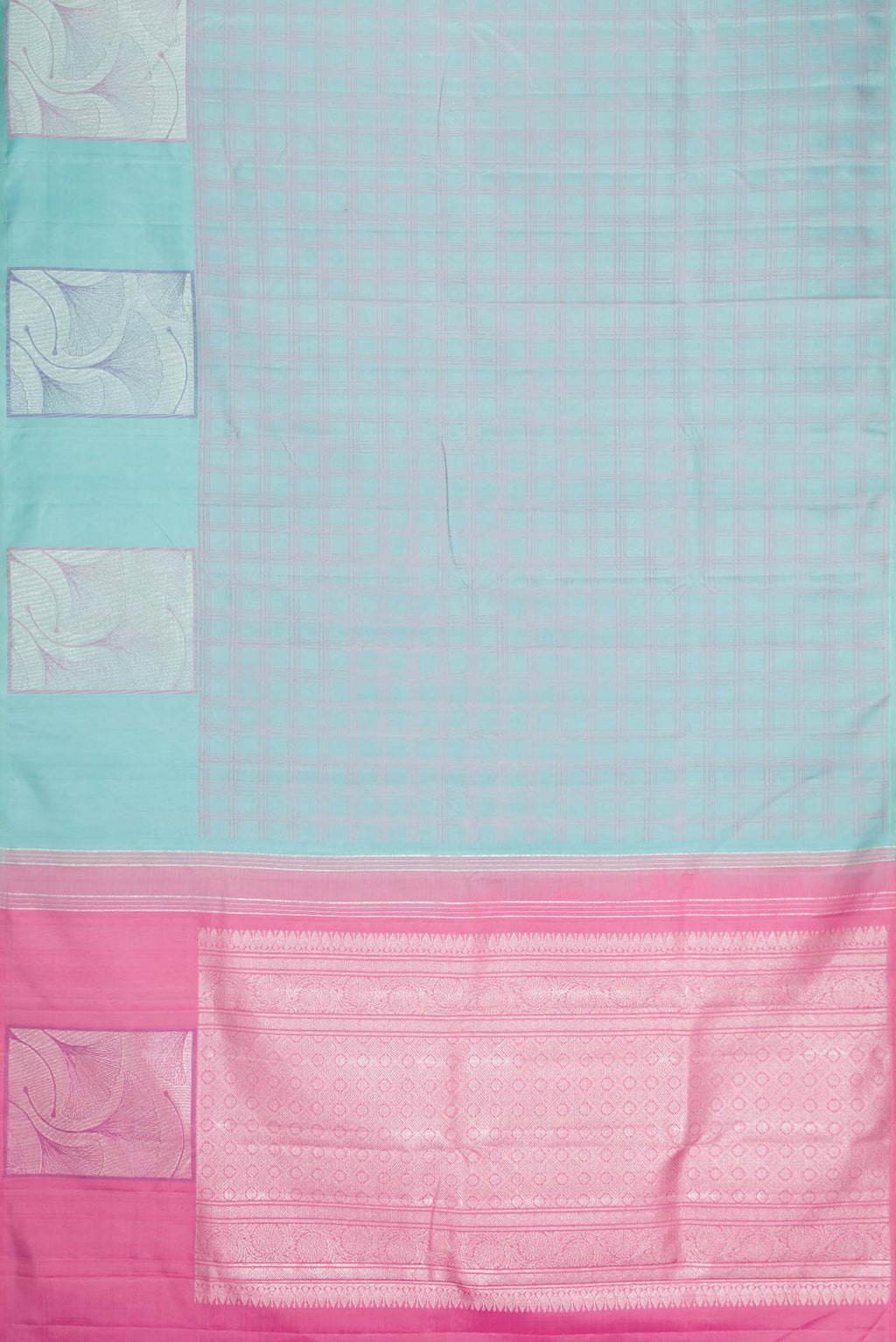 Flat view of Sky Blue Dual Tone Kanchipuram Silk Saree with Checked design on the body and Fancy Border