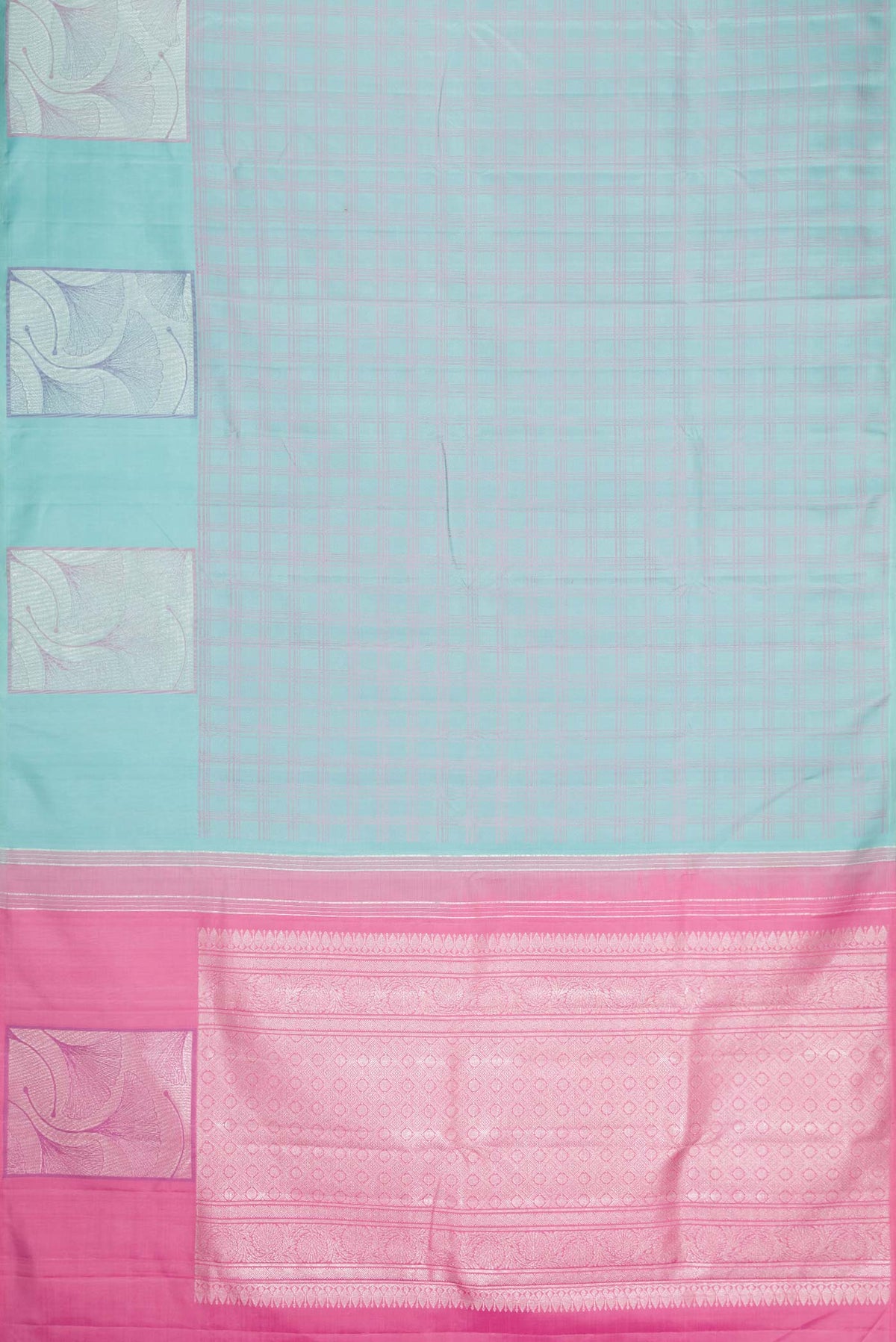 Flat view of Sky Blue Dual Tone Kanchipuram Silk Saree with Checked design on the body and Fancy Border