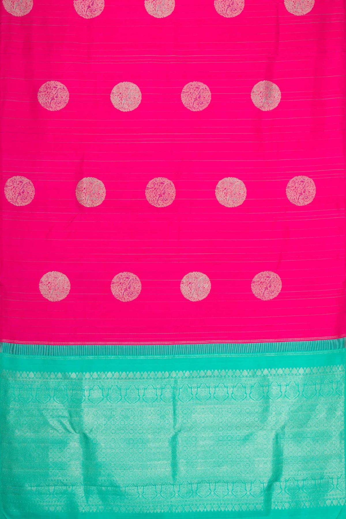 Flat view of Dark Pink Dual Tone Kanchipuram Silk Saree with Zari And Thread Butta on the body and Without Border
