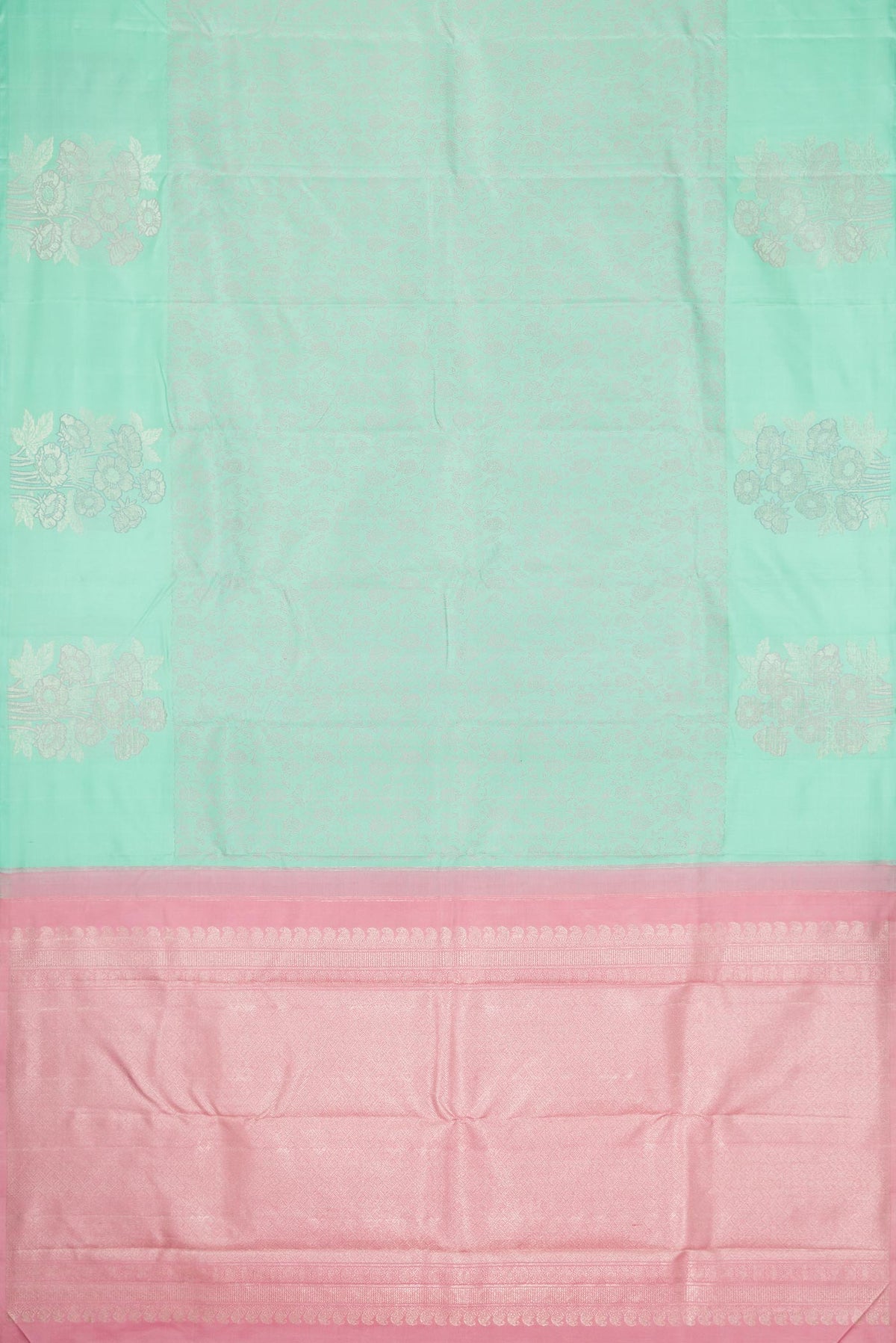 Flat view of Pure Silk Pure Zari Sea Green Dual Tone Kanchipuram Saree with Jacquard design on the body and Fancy Border
