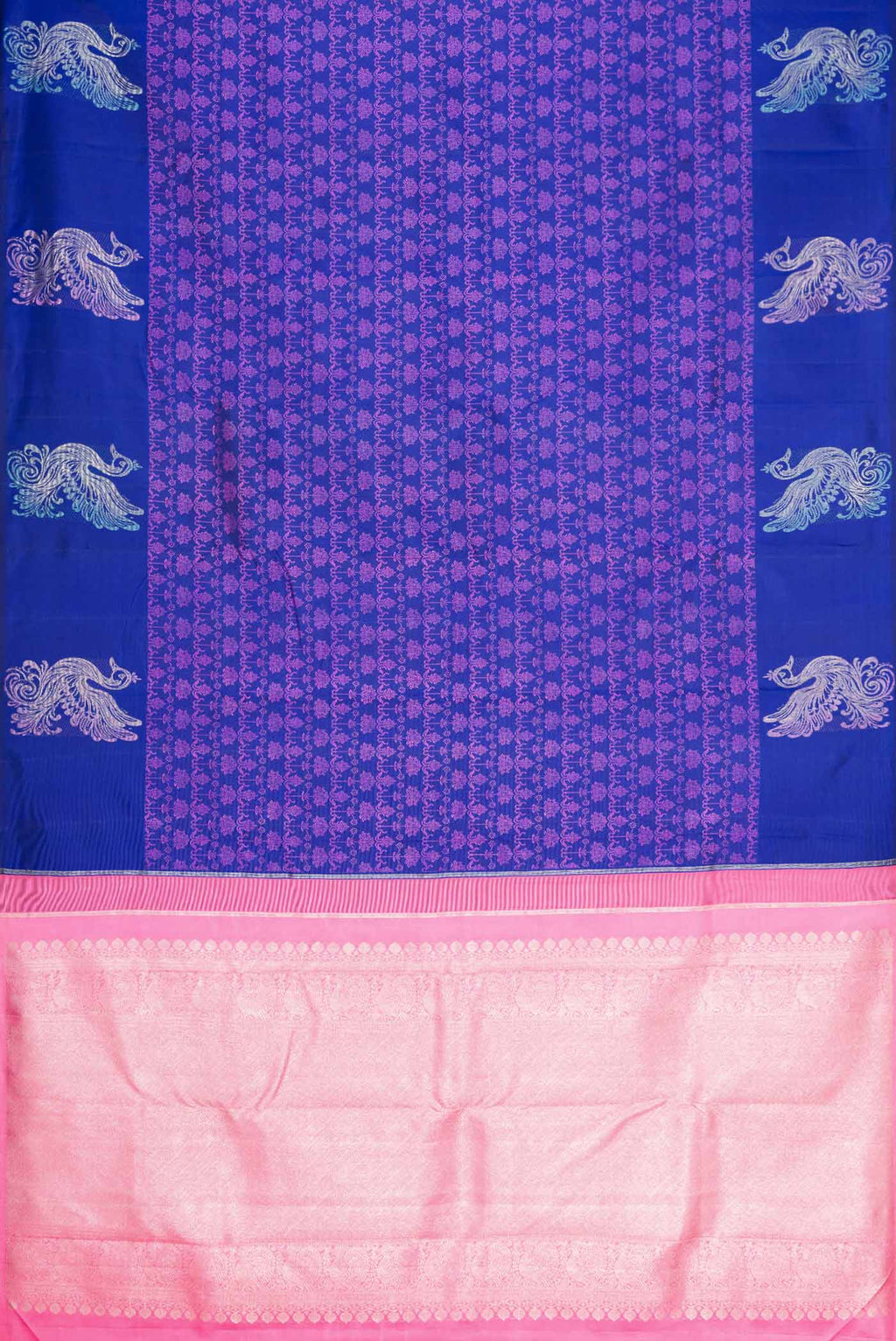 Flat view of Pure Silk Pure Zari Royal Blue Dual Tone Kanchipuram Saree with Jacquard design on the body and Fancy Border