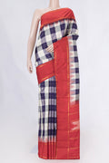 Grey,Off White and Navy Blue Color Kanchipuram Saree with Checked design on the body and Zari Border displayed on a mannequin