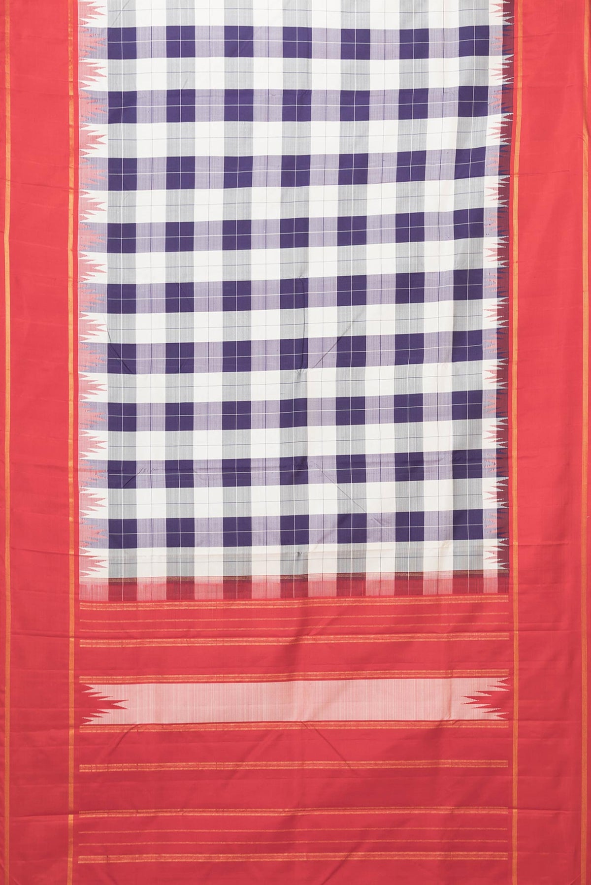 Flat view of Grey,Off White and Navy Blue Color Kanchipuram Saree with Checked design on the body and Zari Border