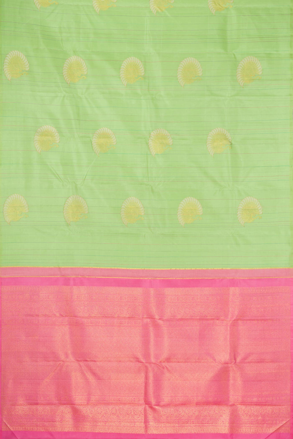 Flat view of Pista Green Dual Tone Kanchipuram Silk Saree with Stripes on the body and Without Border