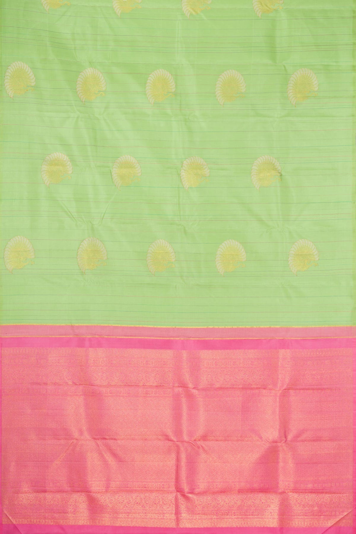Flat view of Pista Green Dual Tone Kanchipuram Silk Saree with Stripes on the body and Without Border