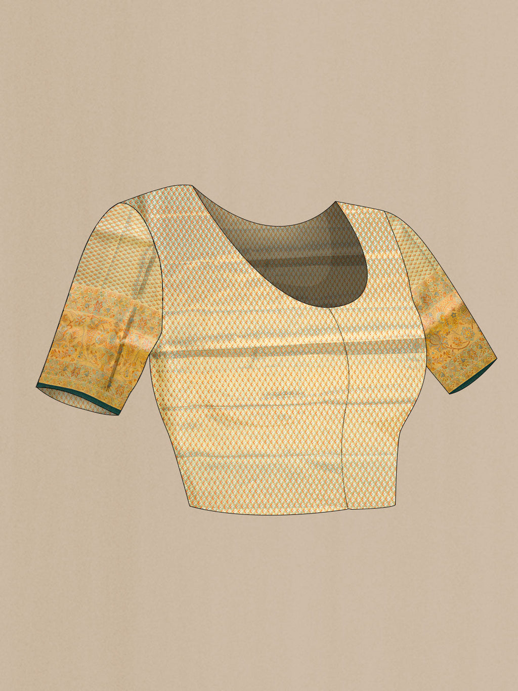 Close up image of the blouse of Gold Dual Tone Kanchipuram Tissue Silk Saree with Zari Brocade on the body and Zari Border