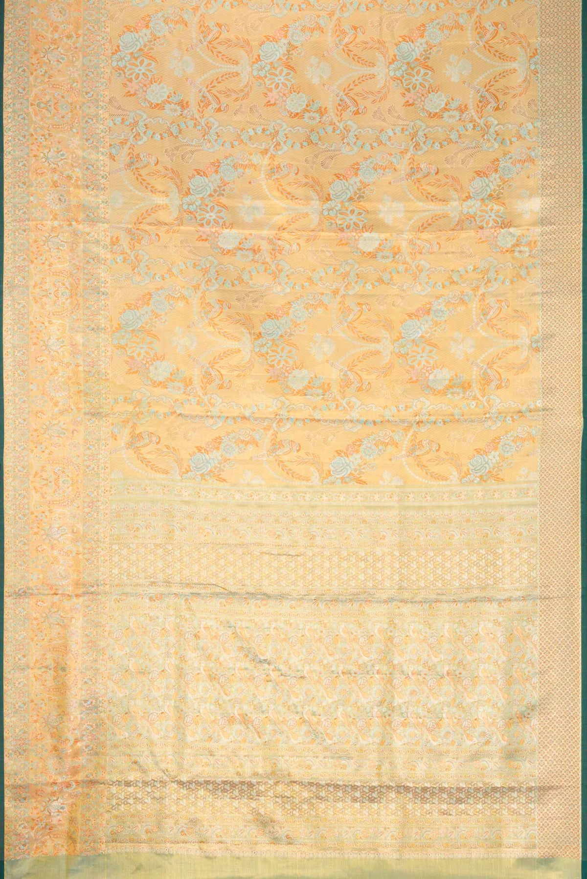 Flat view of Gold Dual Tone Kanchipuram Tissue Silk Saree with Zari Brocade on the body and Zari Border