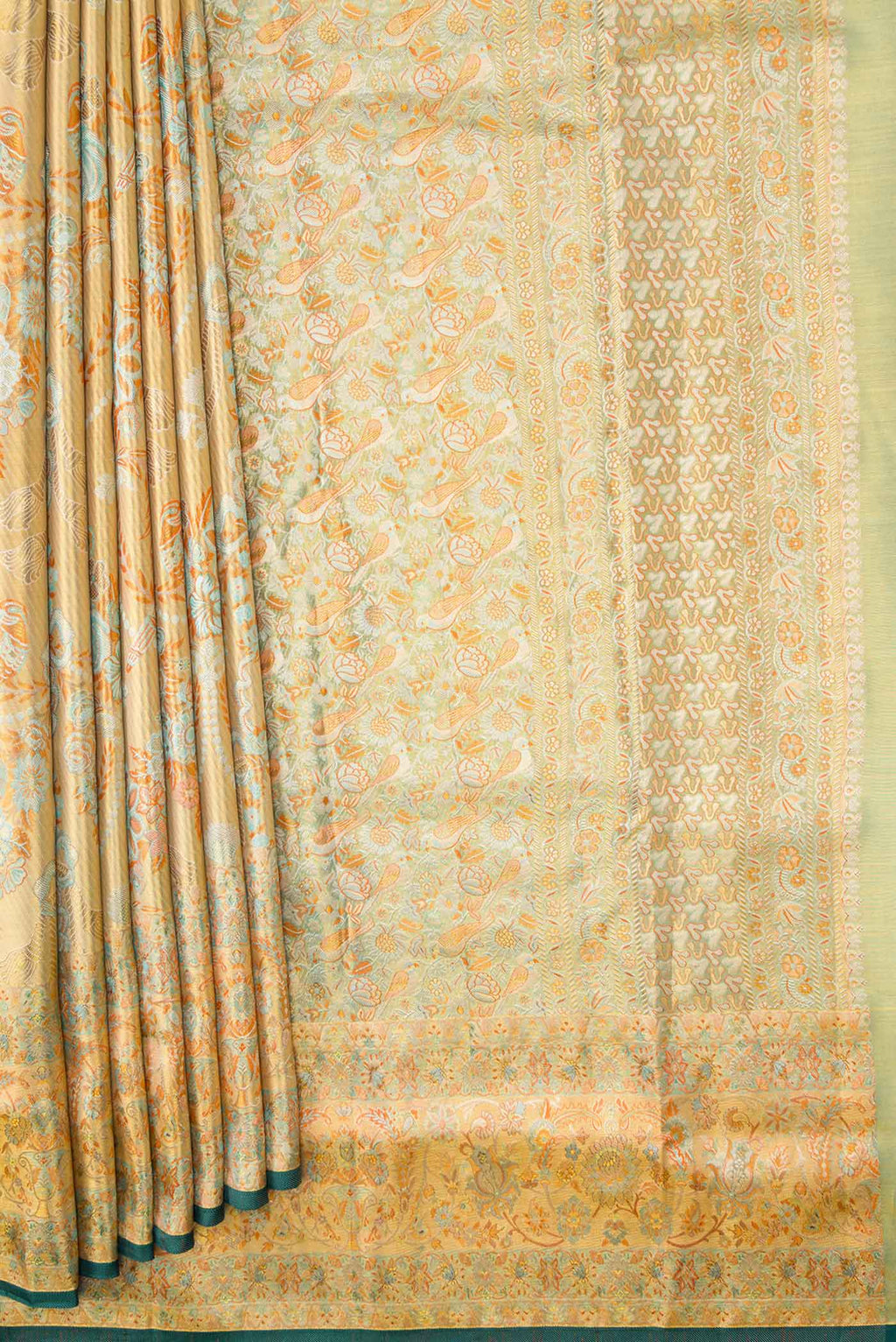 Pleats and pallu of Gold Dual Tone Kanchipuram Tissue Silk Saree with Zari Brocade on the body and Zari Border