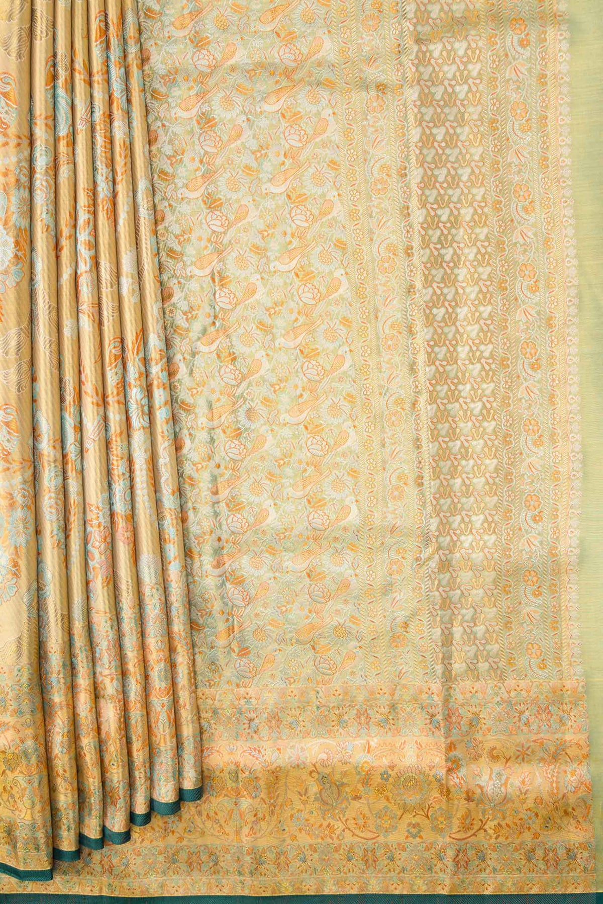 Pleats and pallu of Gold Dual Tone Kanchipuram Tissue Silk Saree with Zari Brocade on the body and Zari Border