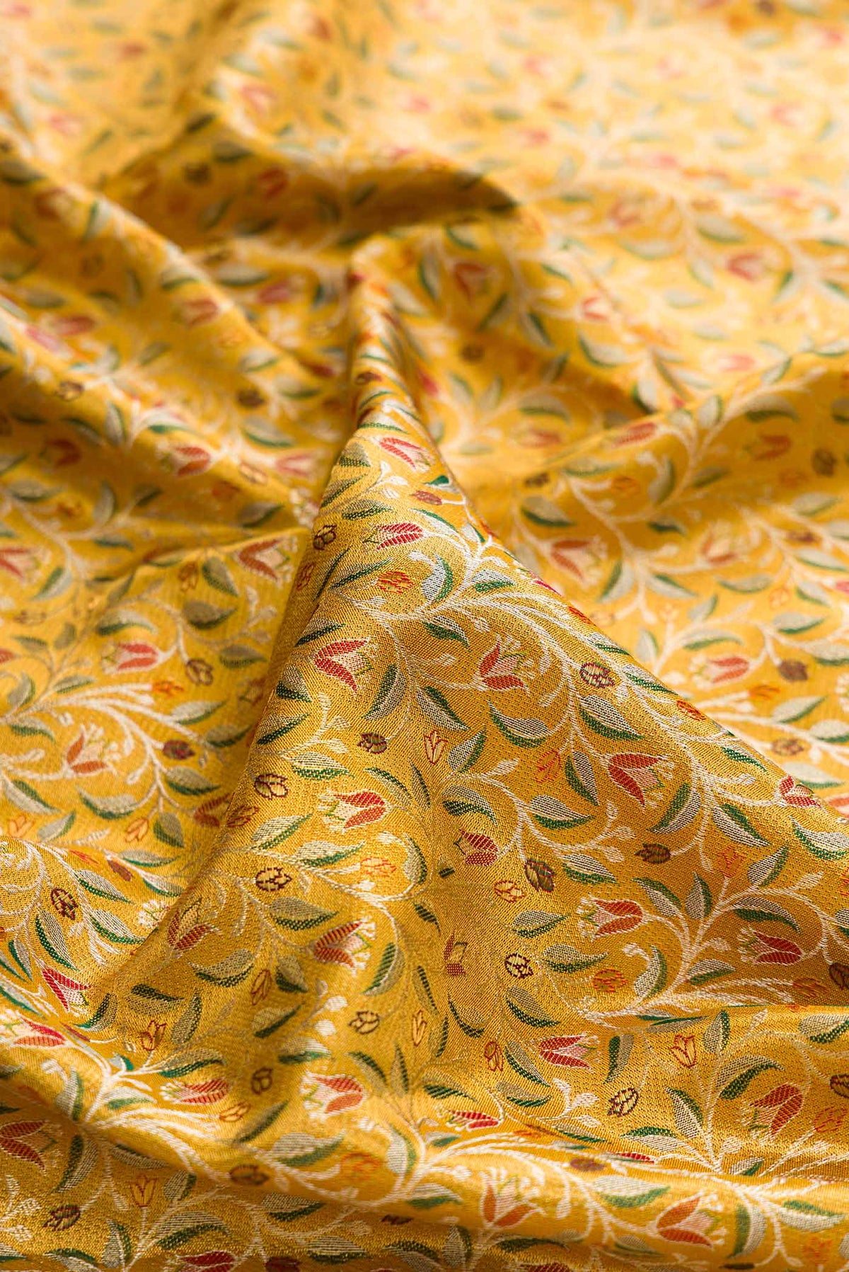 Close up of Gold Dual Tone Kanchipuram Tissue Silk Saree with Zari Brocade on the body and Fancy Border displaying folds