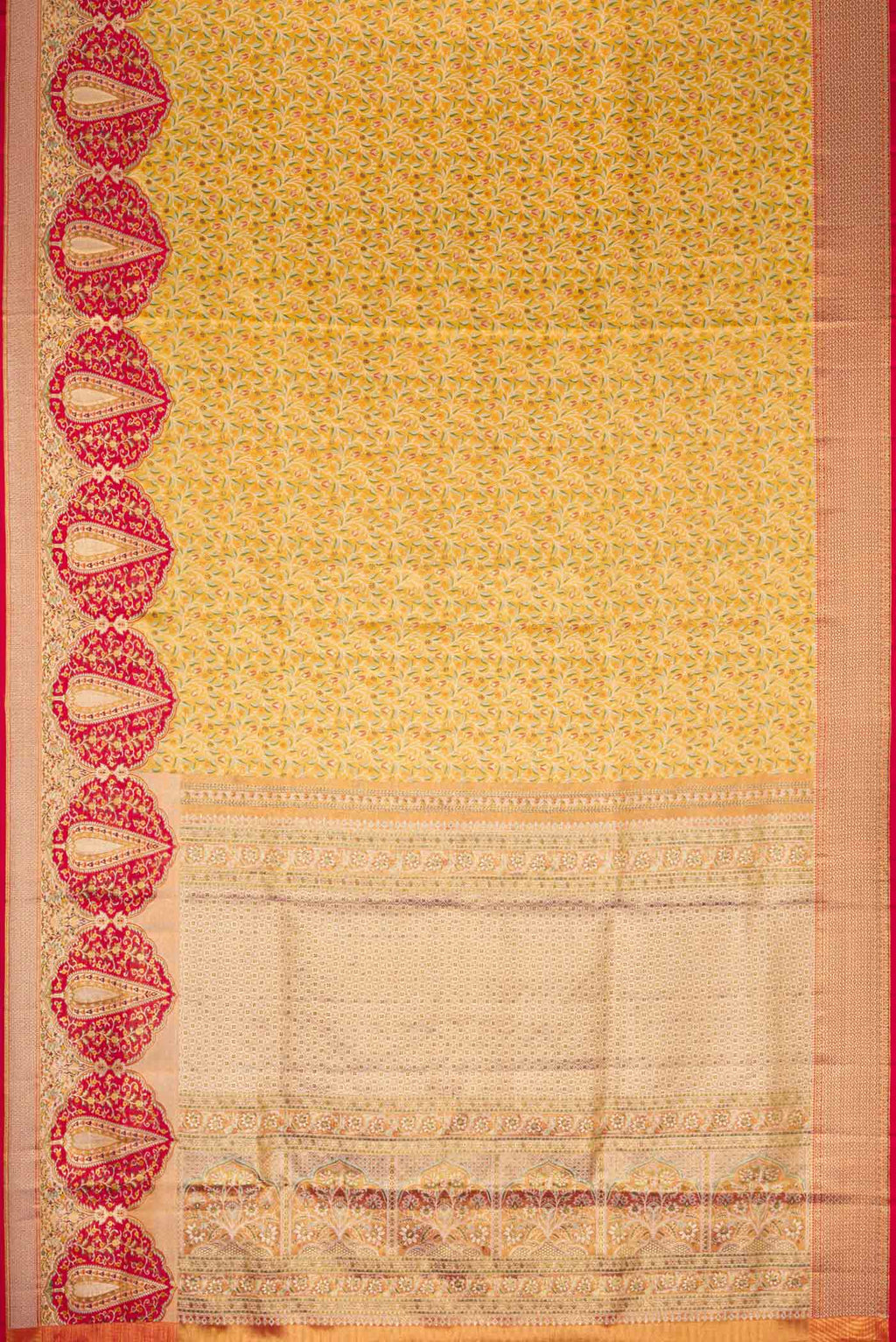 Flat view of Gold Dual Tone Kanchipuram Tissue Silk Saree with Zari Brocade on the body and Fancy Border