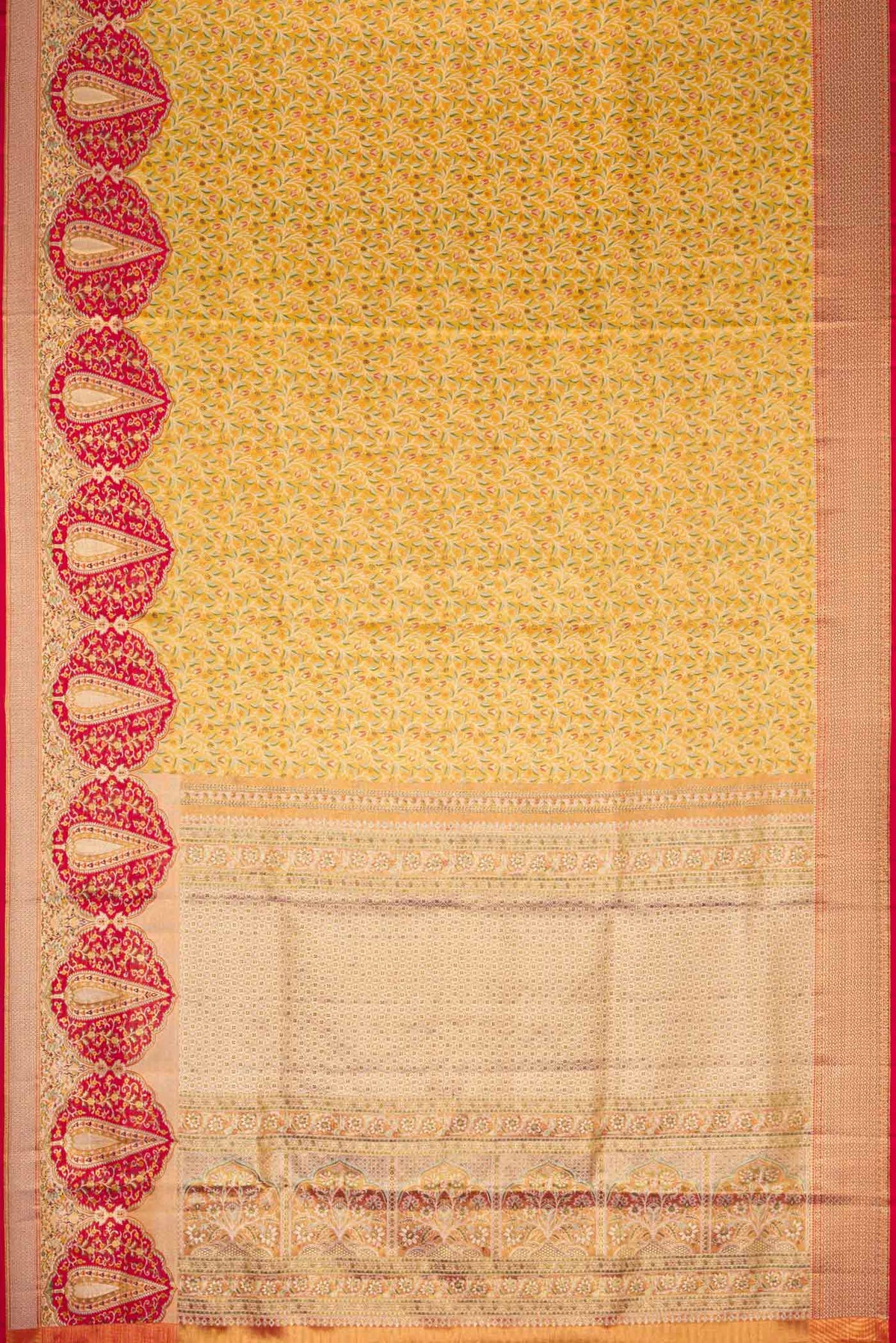 Flat view of Gold Dual Tone Kanchipuram Tissue Silk Saree with Zari Brocade on the body and Fancy Border