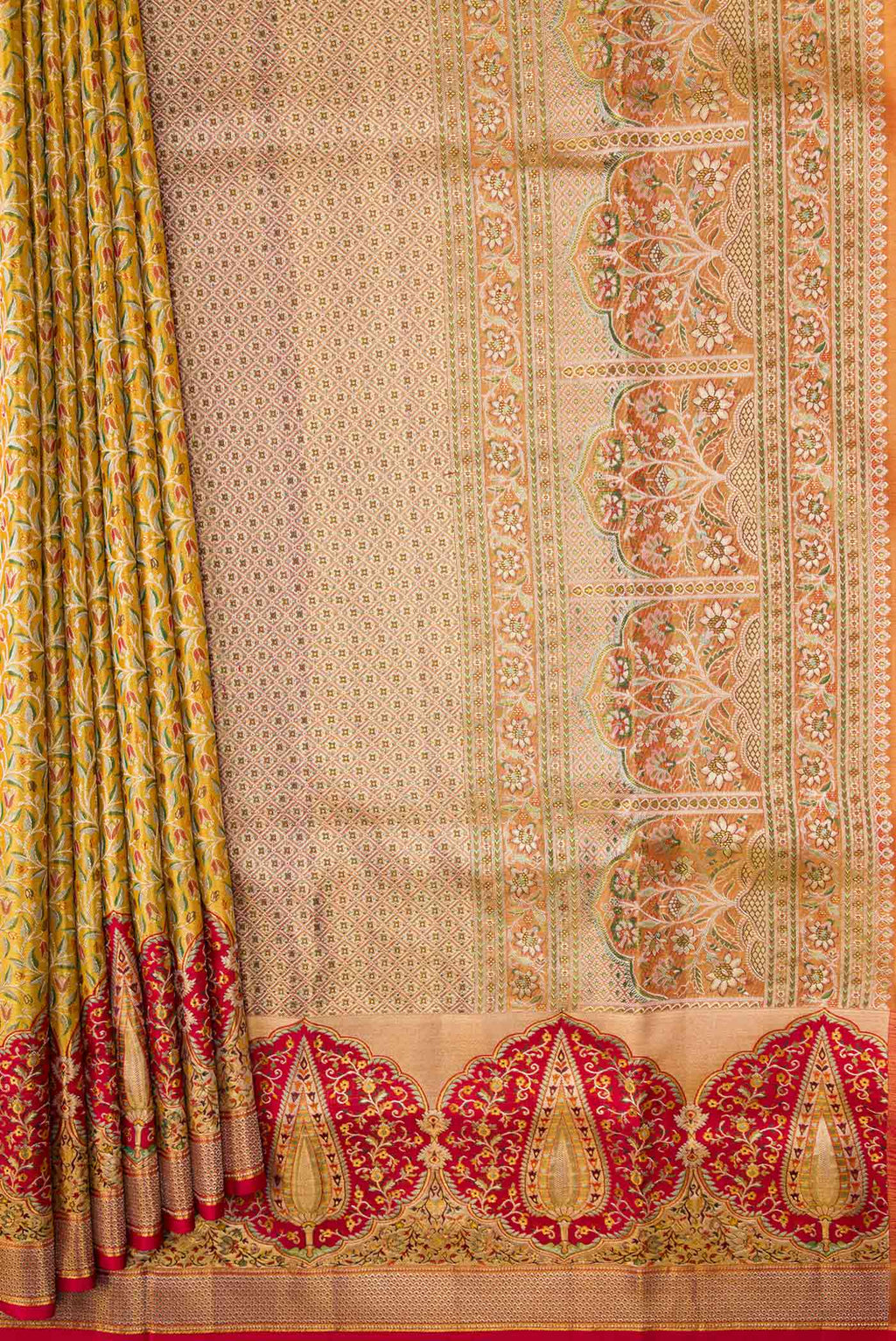 Pleats and pallu of Gold Dual Tone Kanchipuram Tissue Silk Saree with Zari Brocade on the body and Fancy Border
