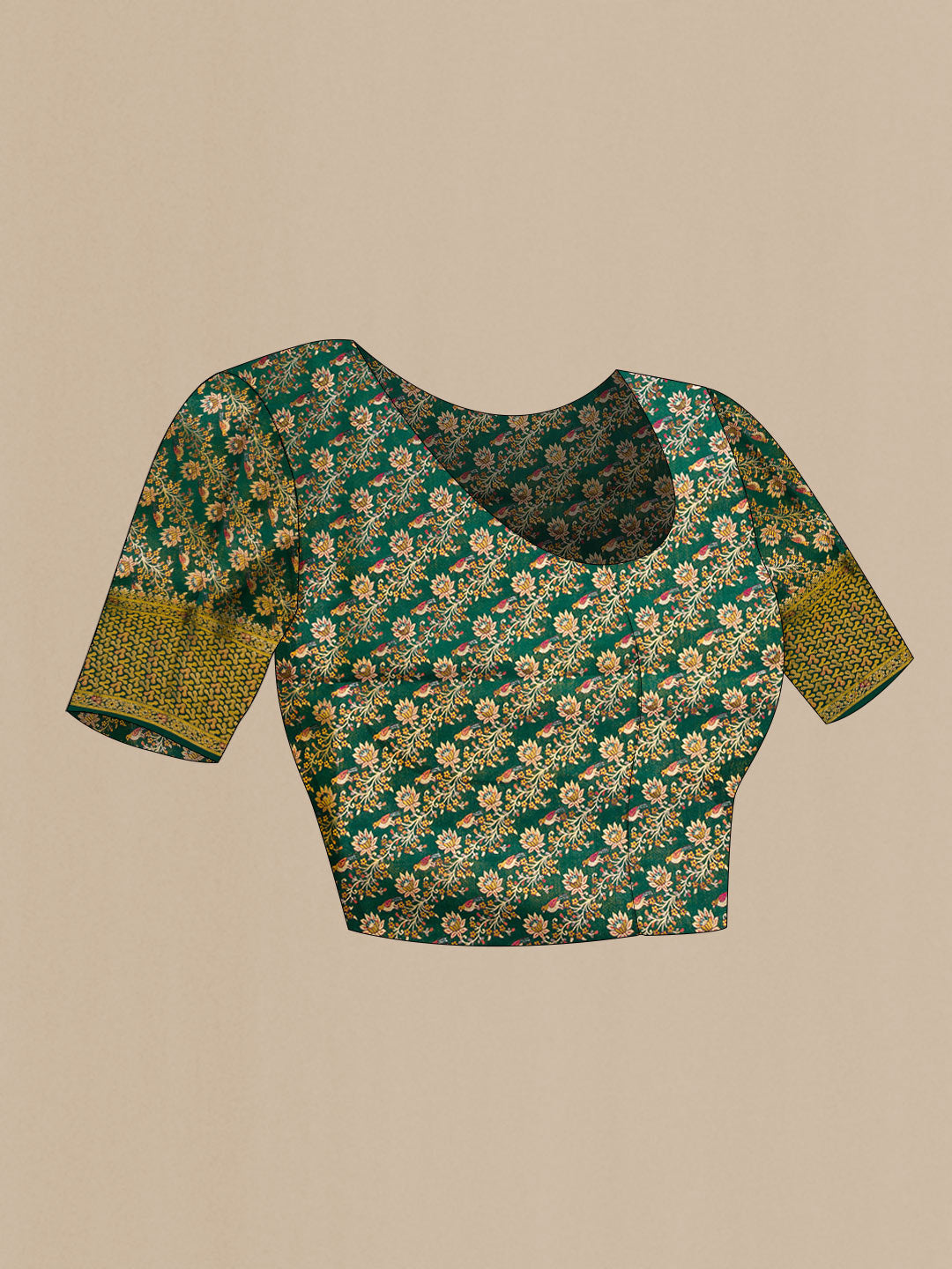 Close up image of the blouse of Green Dual Tone Kanchipuram Tissue Silk Saree with Zari Brocade on the body and Zari Border