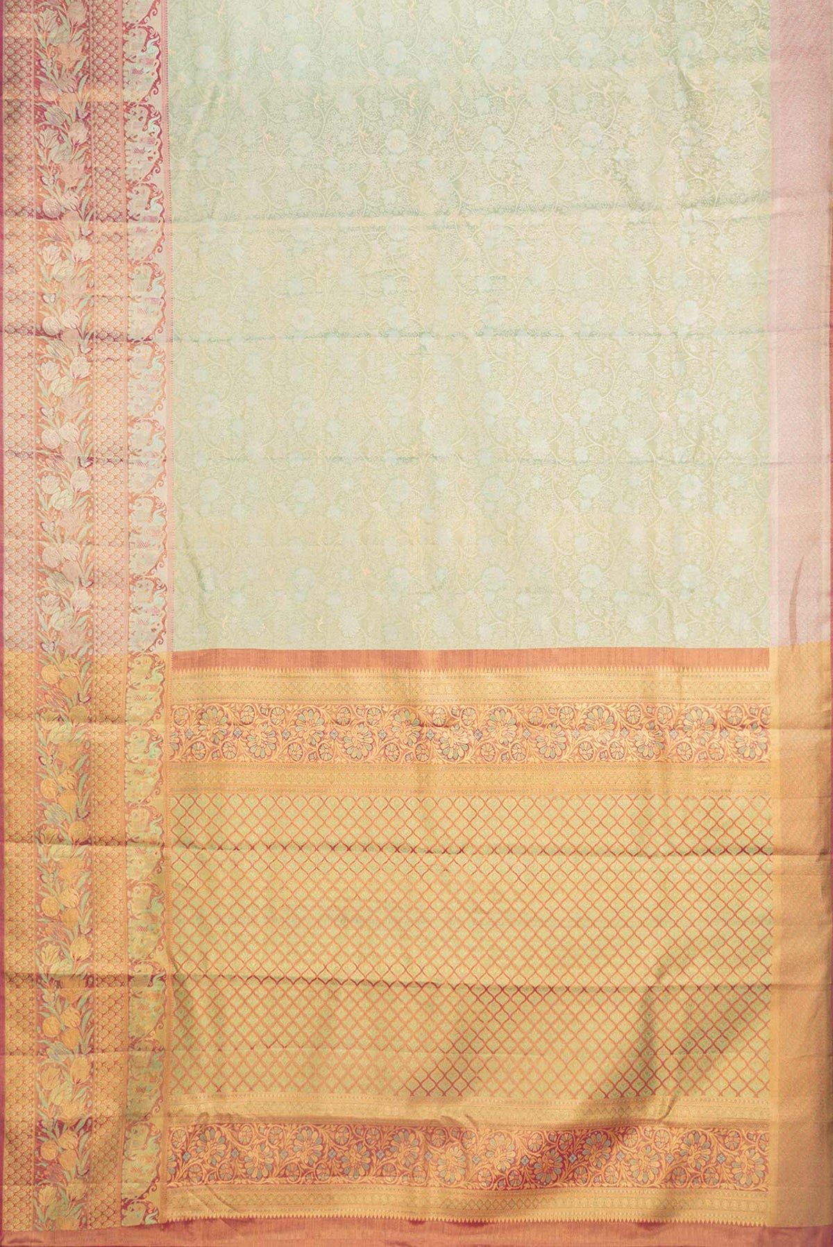 Flat view of Pista Green Dual Tone Kanchipuram Saree with Zari Brocade on the body and Zari Border