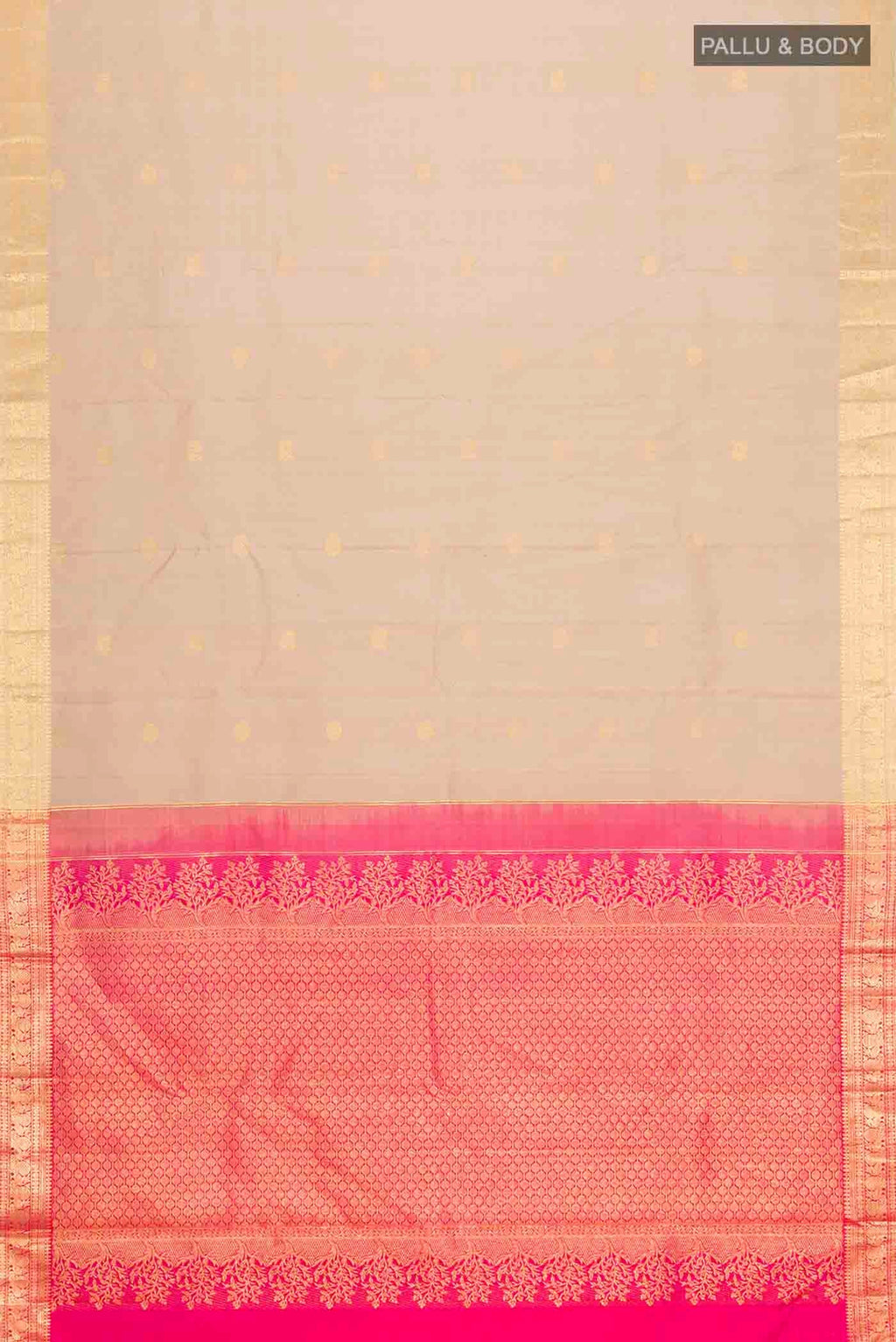 Flat view of Beige Kanchipuram Silk Saree with Zari Butta on the body and Zari Border
