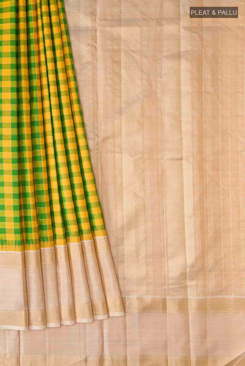 Pleats and pallu of Multi Color Kanchipuram Silk Saree with Checked design on the body and Zari Border