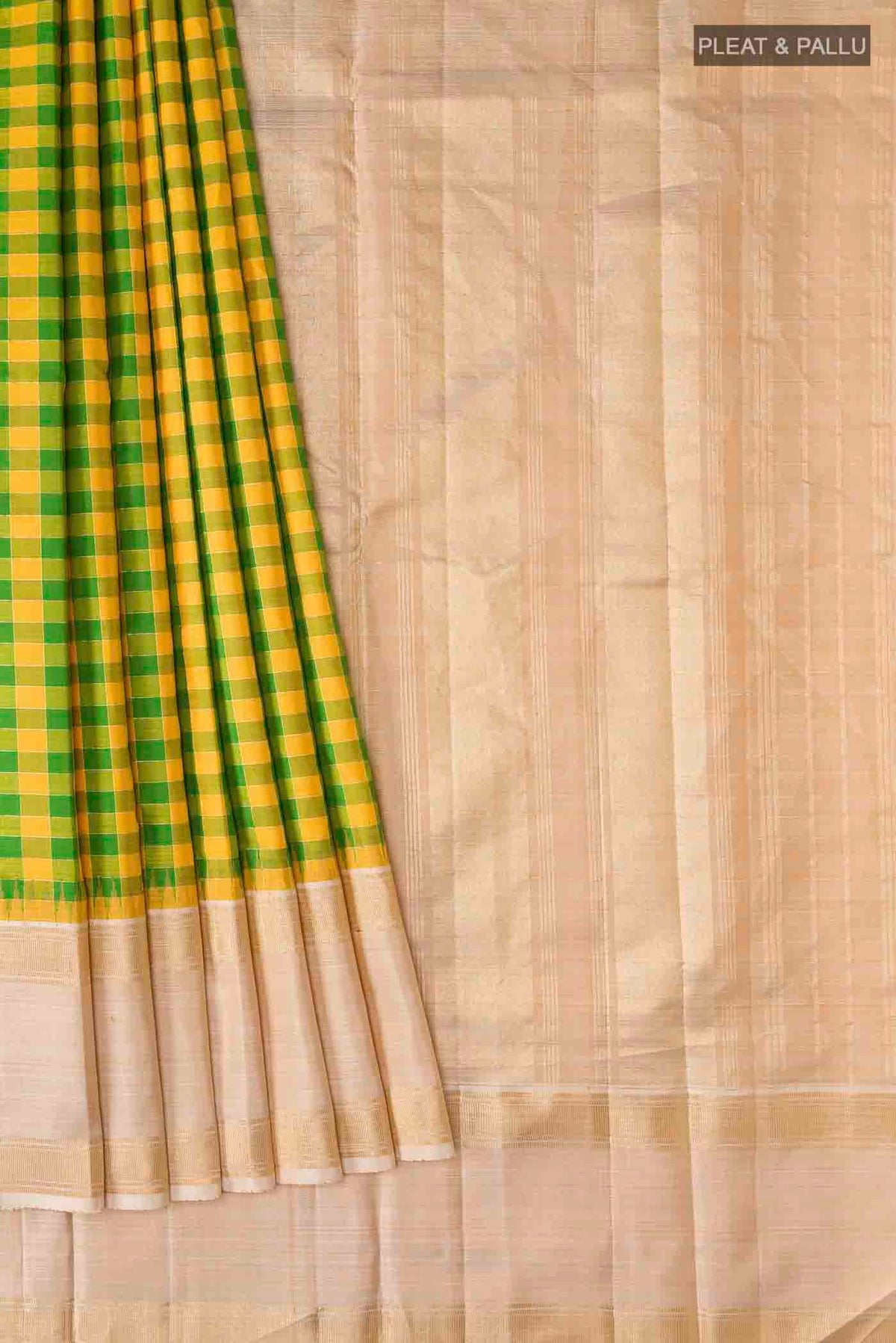 Pleats and pallu of Multi Color Kanchipuram Silk Saree with Checked design on the body and Zari Border